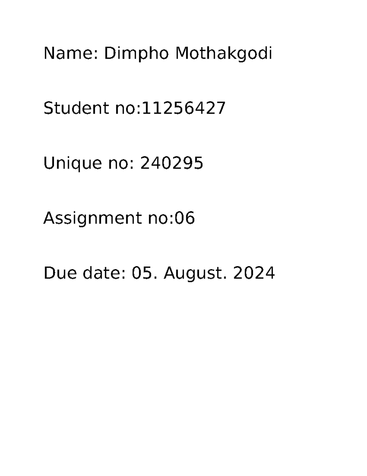 11256427 assignment 6 CHL2601 - Name: Dimpho Mothakgodi Student no ...