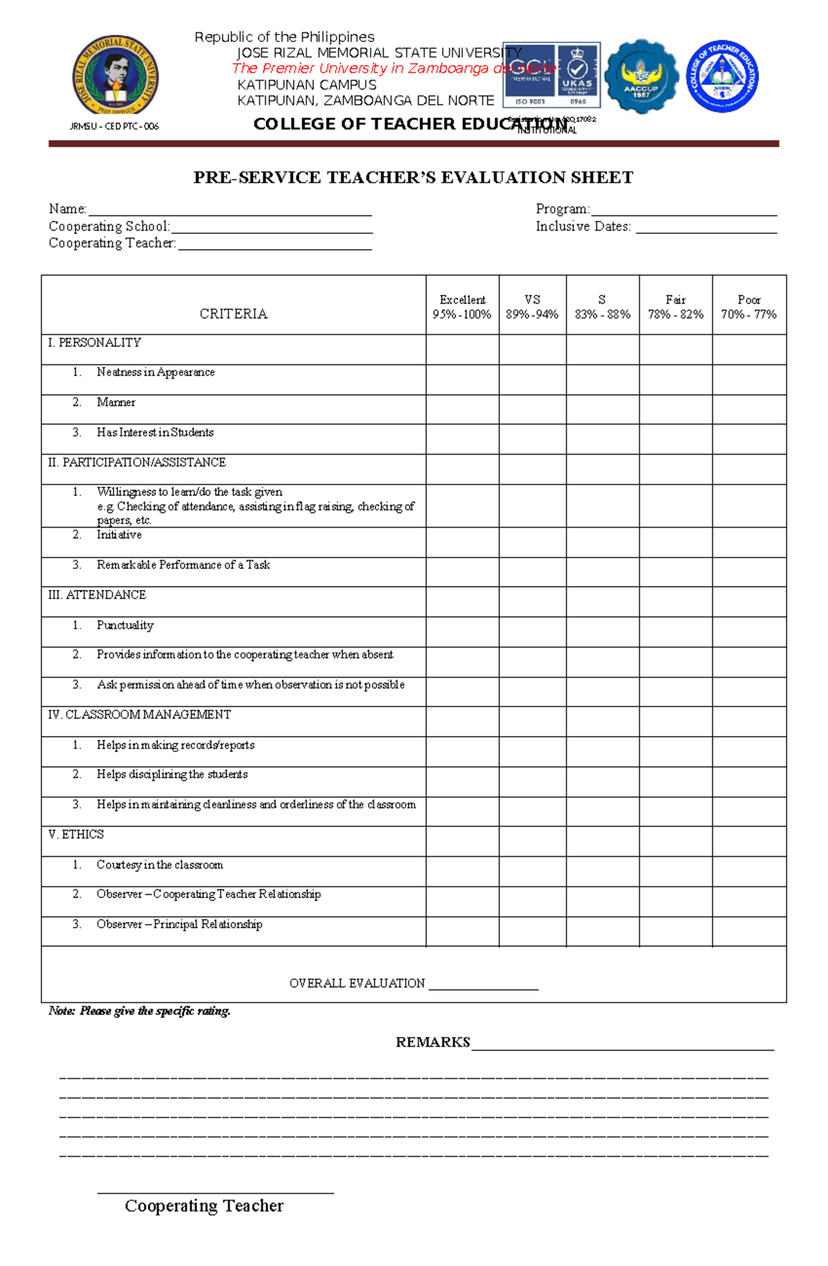 Evaluation-sheet-NEW - JRMSU – CED PTC - 006 Registration No. 62Q ...