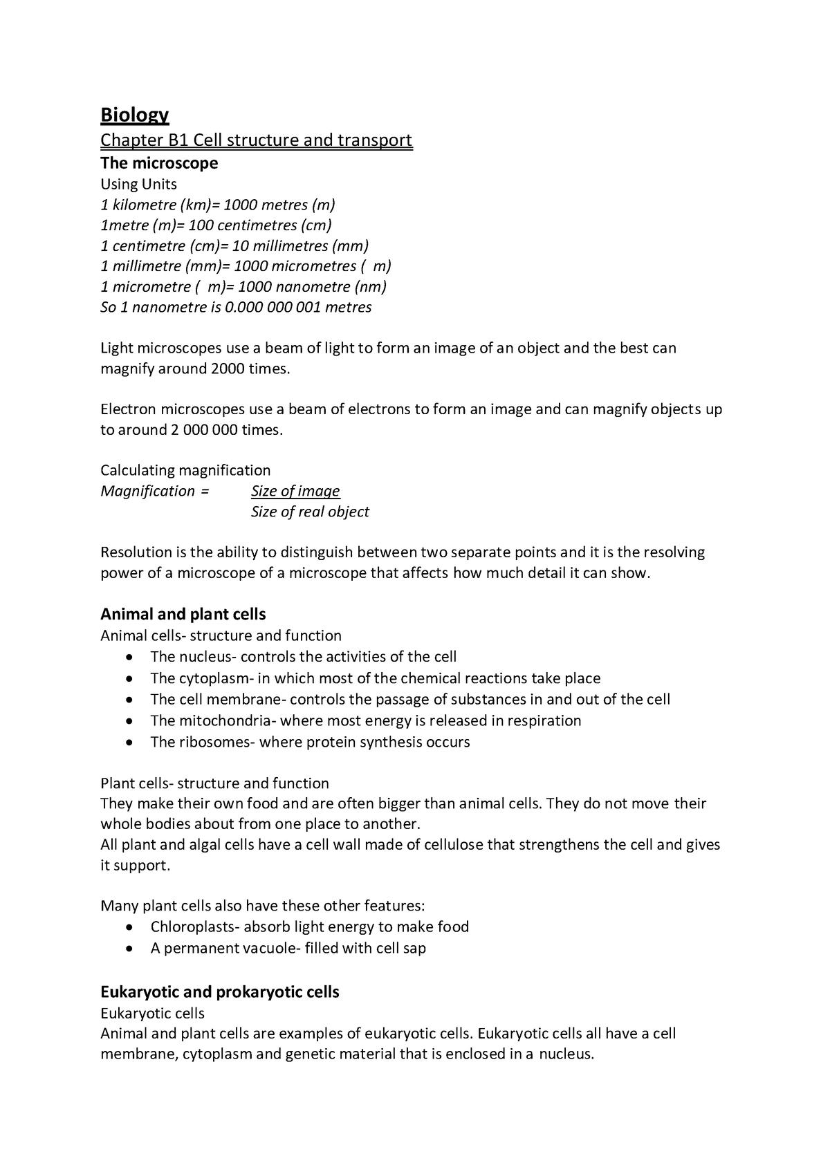 GCSE Biology AQA Triple Higher Tier Revision Notes - Biology Chapter B1 ...