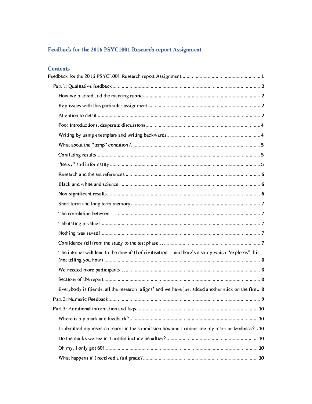 PSYC1001 Research Report feedback 2016 - Feedback for the 2016 PSYC1001 ...