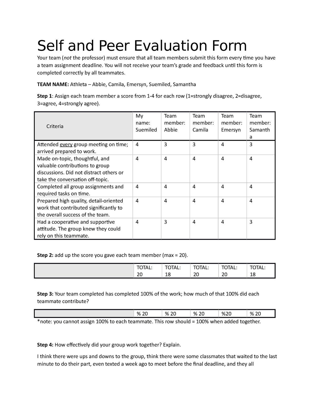 S22 221 Self Peer Eval - evolution project - Self and Peer Evaluation ...