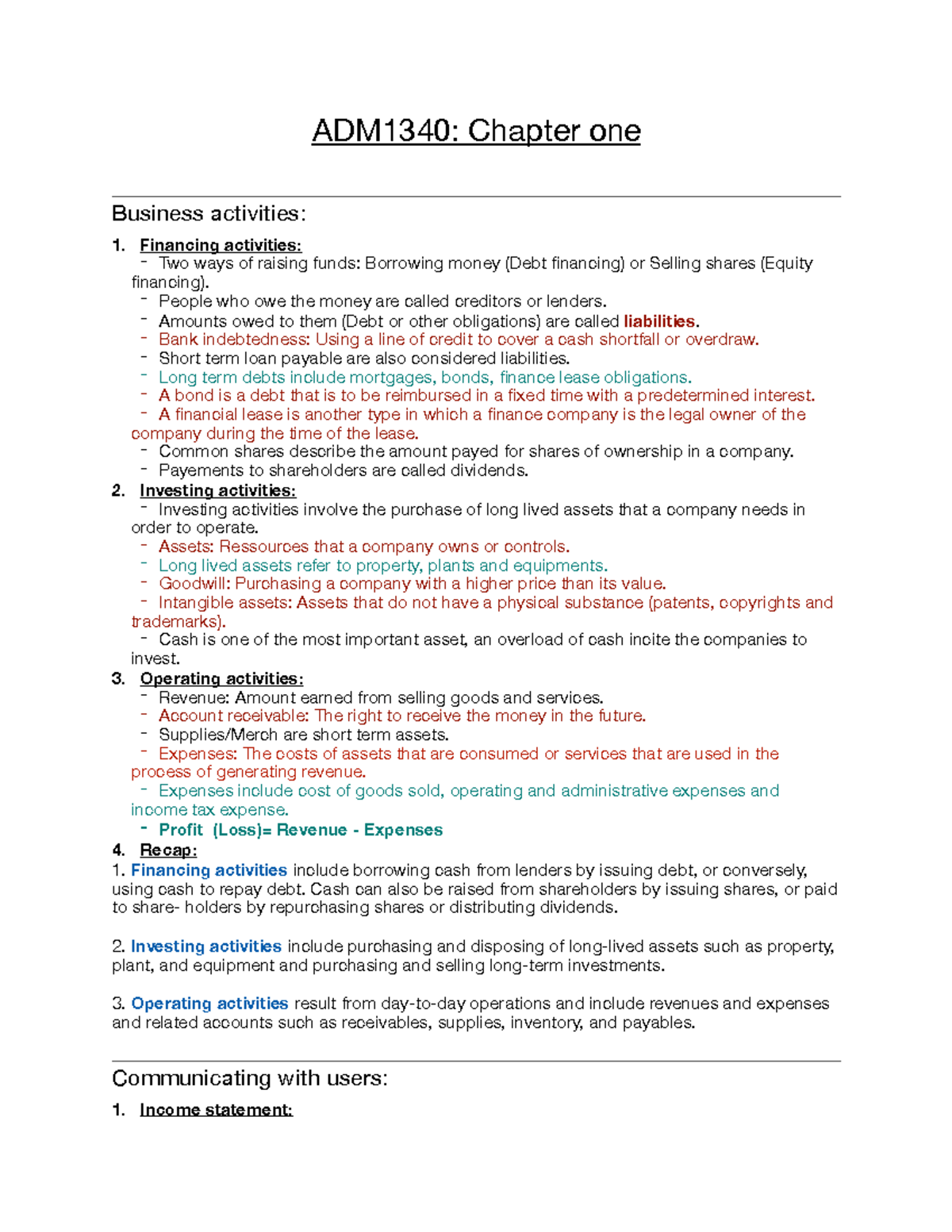 Adm 1340 Chapter 1 Lecture Notes 1 Adm1340 Chapter One Business Activities 1 Financing Adm 1340 Chapter 1 Lecture Notes 1 Adm1340 Chapter One Business Activities 1 Financing
