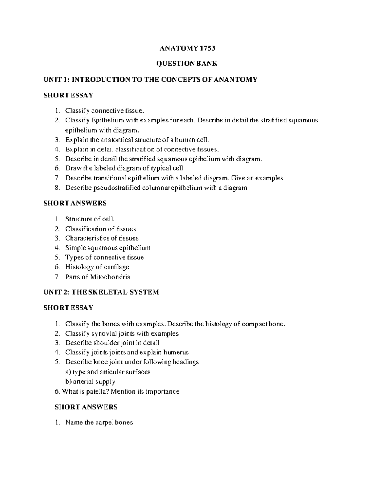 1753 Anatomy Question bank ANATOMY 1753 QUESTION BANK UNIT 1