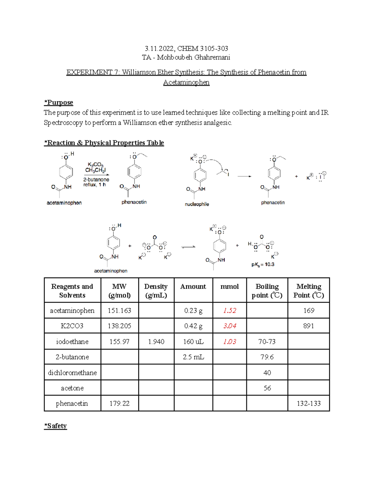 Experiment 7 Lab Report 3.11, CHEM 3105 TA Mohboubeh Ghahremani EXPERIMENT 7 Williamson
