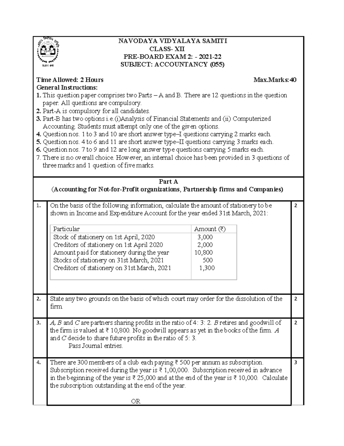 Xii accountancy in eng qp NAVODAYA VIDYALAYA SAMITI CLASS XII PRE