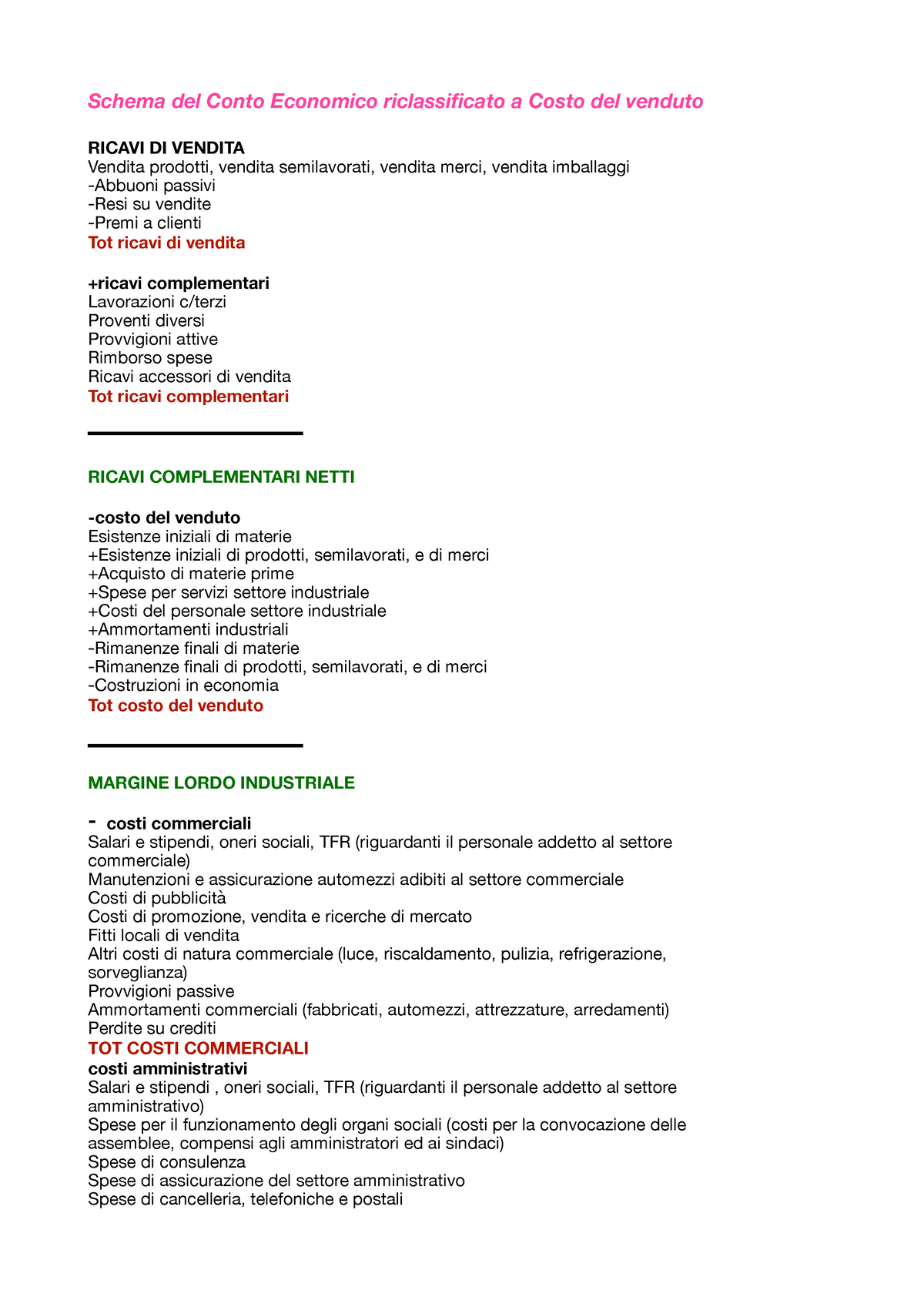 Conto Esconomico Schema Schema Del Conto Economico Riclassificato A