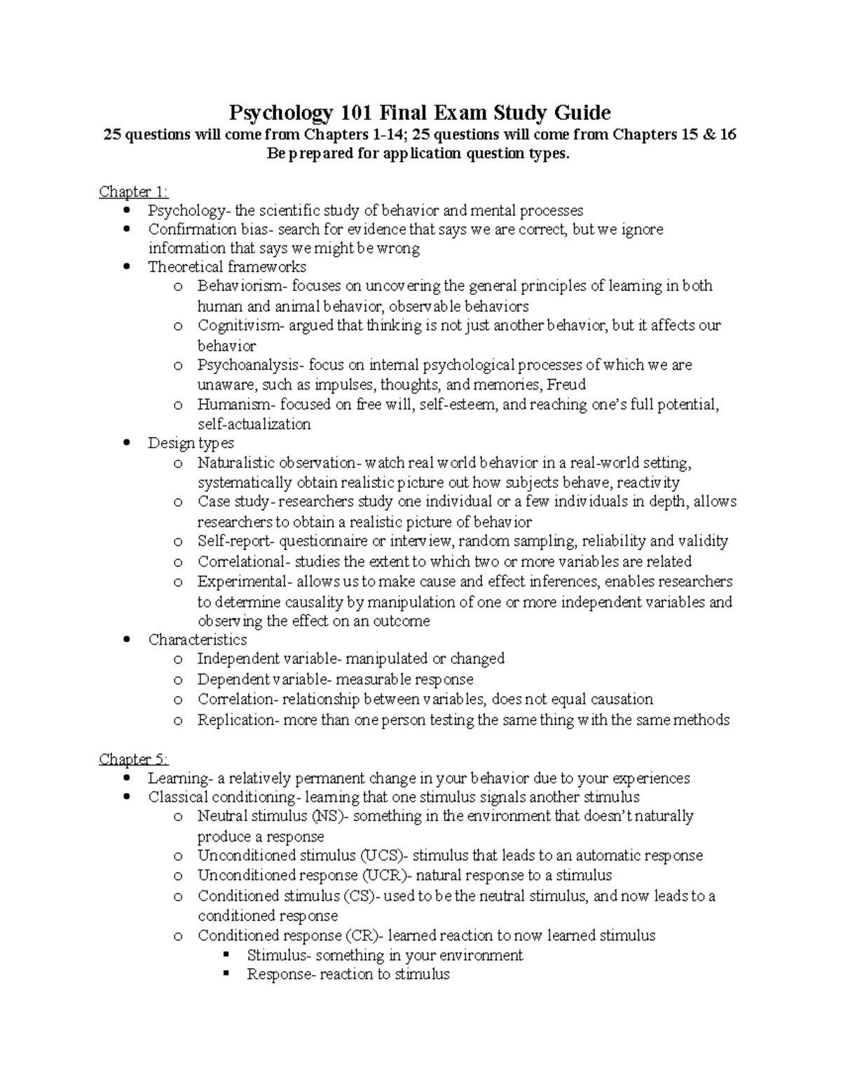 Final Exam Study Guide - Chapter 1: Psychology- The Scientific Study Of ...