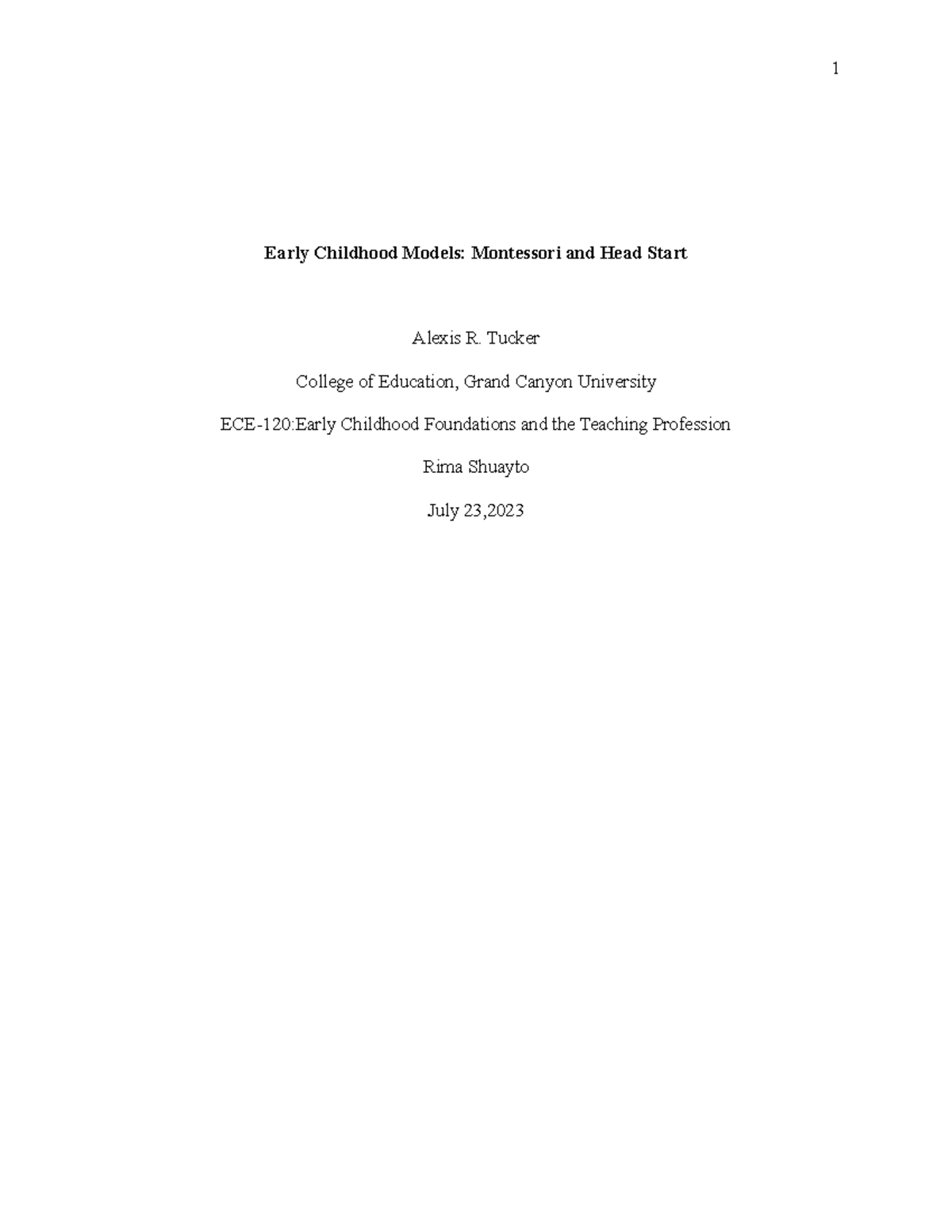 Early Childhood Models - Tucker College of Education, Grand Canyon ...
