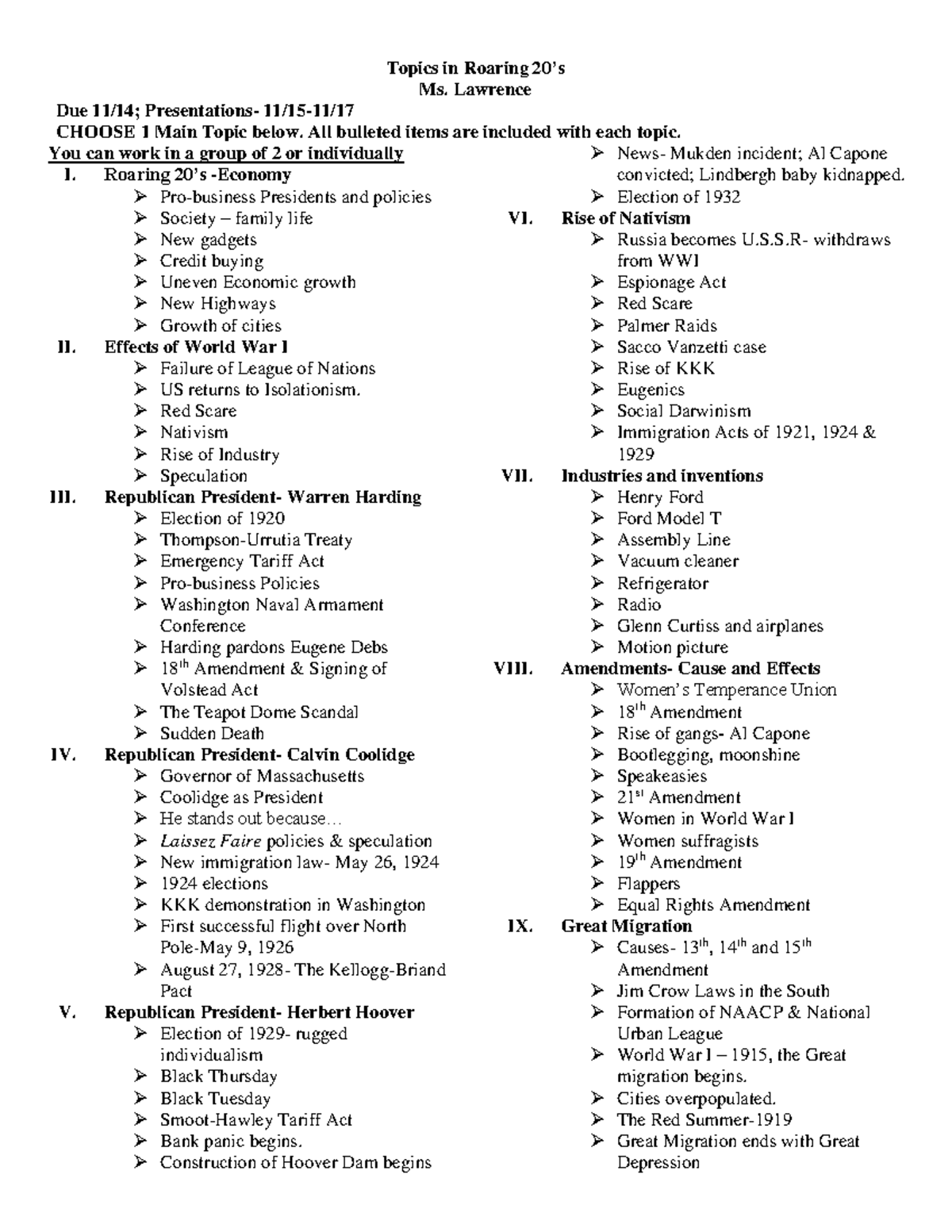 Project Topics Roaring 20's Topics in Roaring 20’s Ms. Lawrence Due