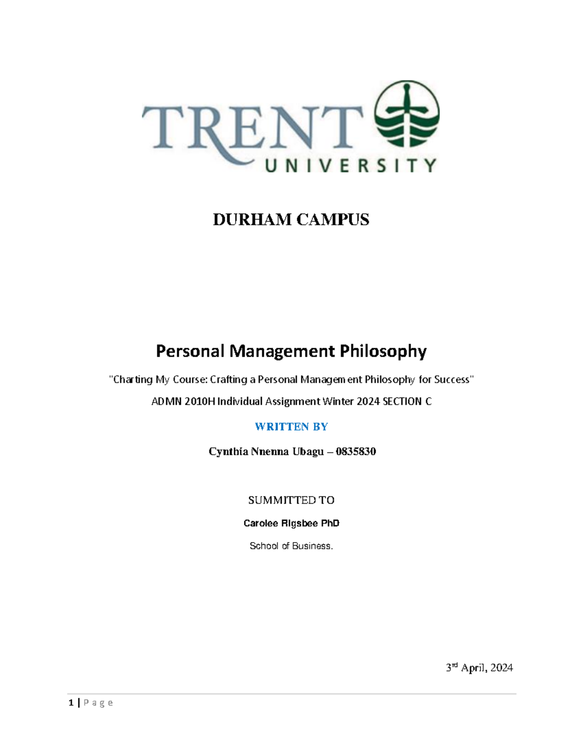 Project & Notes - DURHAM CAMPUS Personal Management Philosophy 