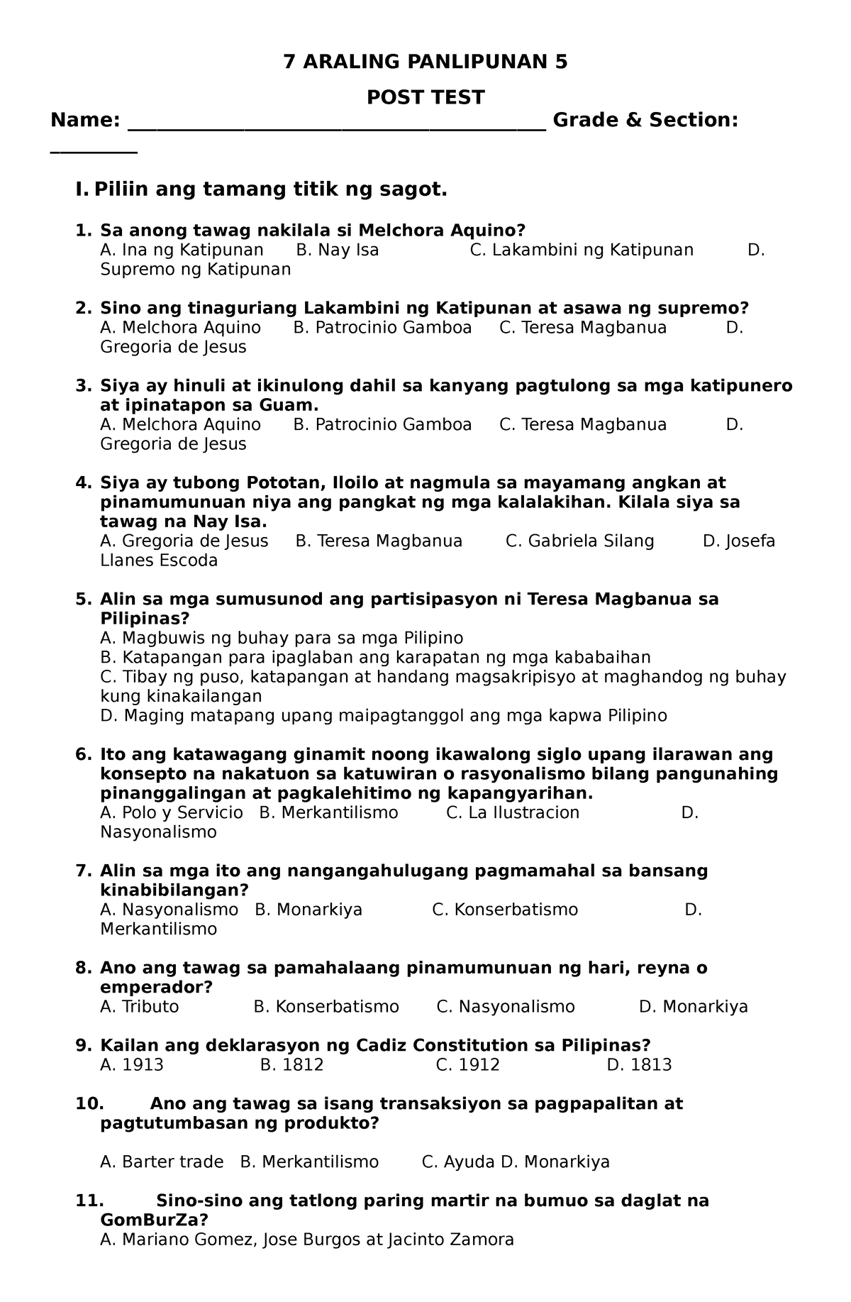 Araling Panlipunan 5 POST TEST - 7 ARALING PANLIPUNAN 5 POST TEST Name ...