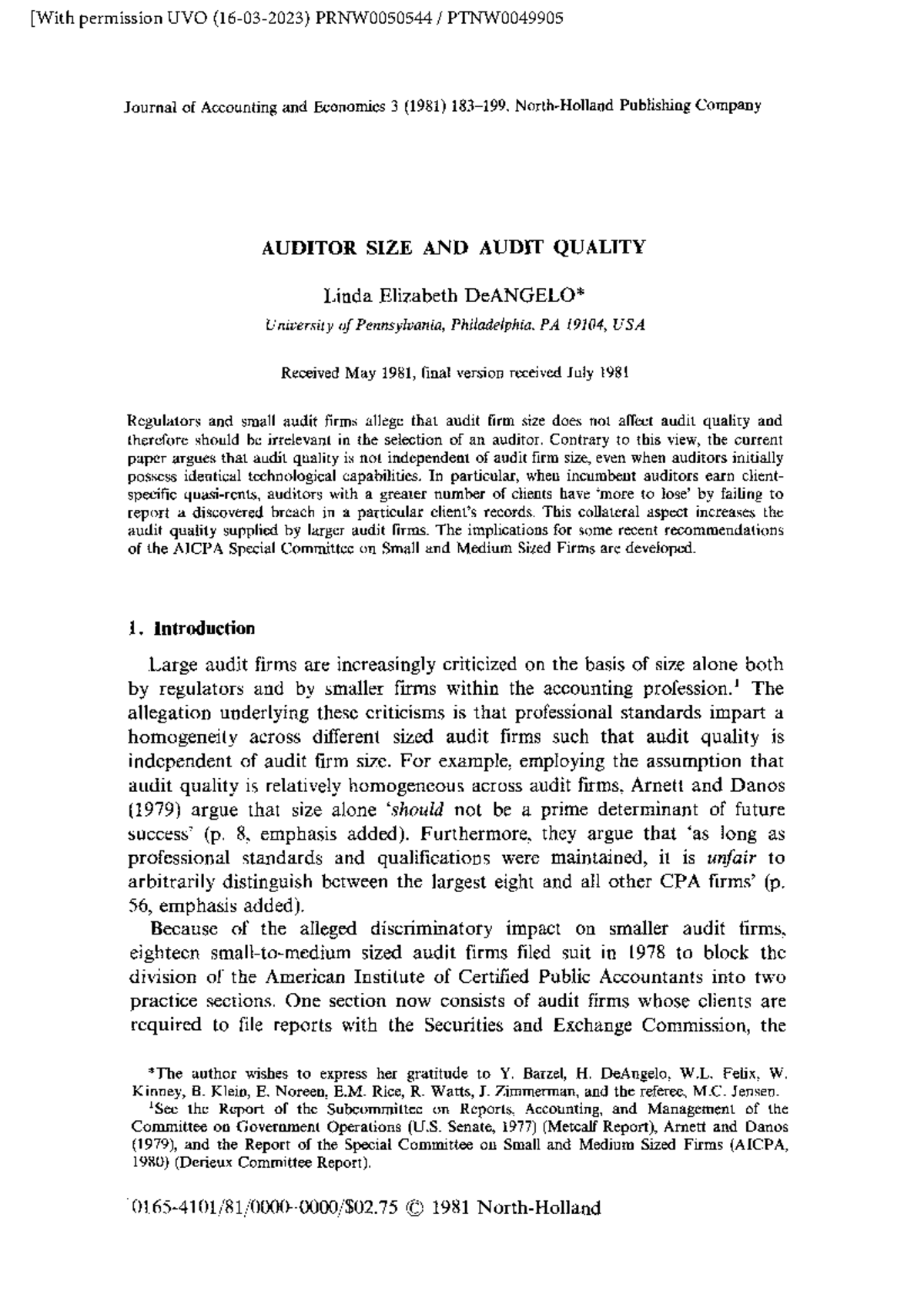 C-2 -De Angelo Auditor size and audit quality-PRNW0050544 . PTNW0049905 ...
