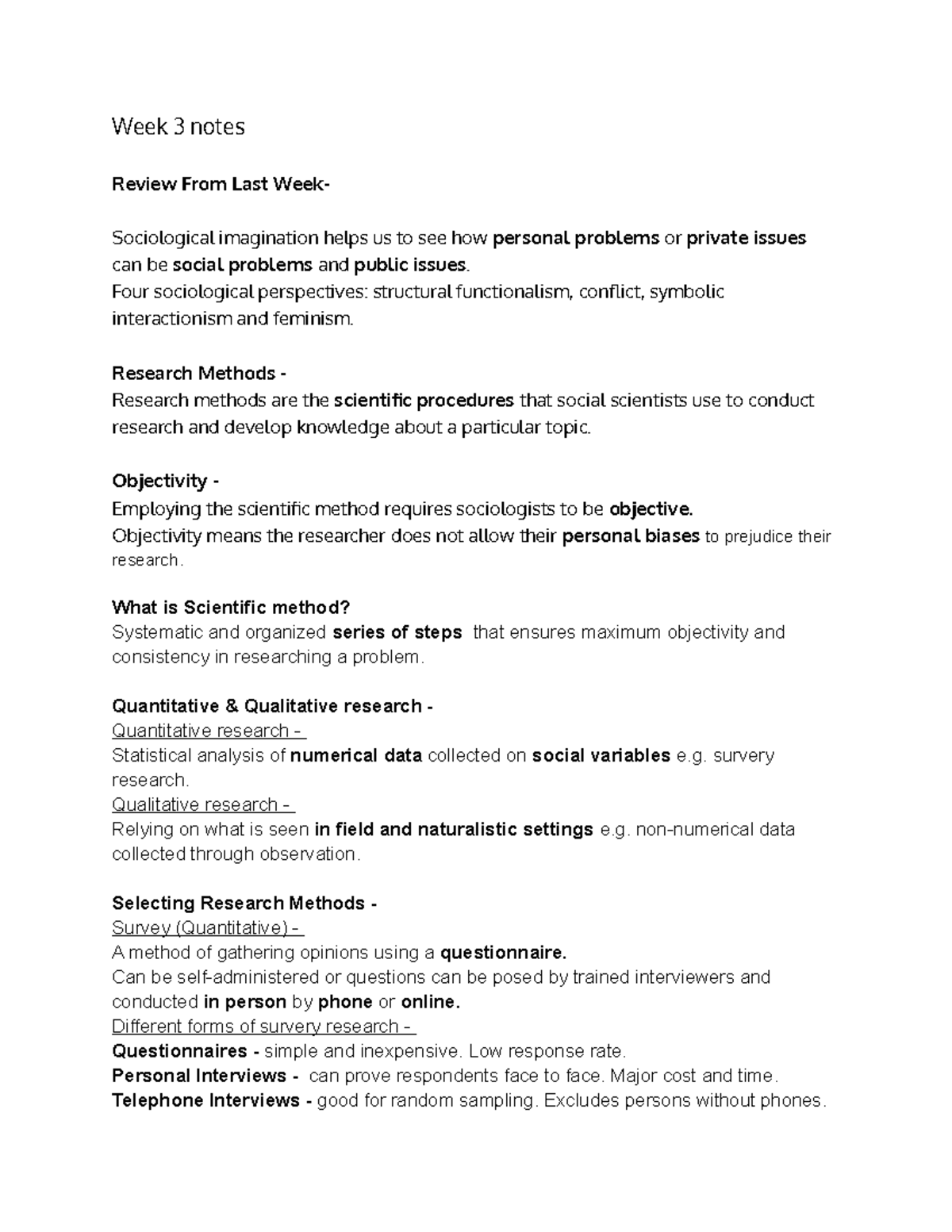 Week 3 notes - Week 3 notes Review From Last Week- Sociological ...