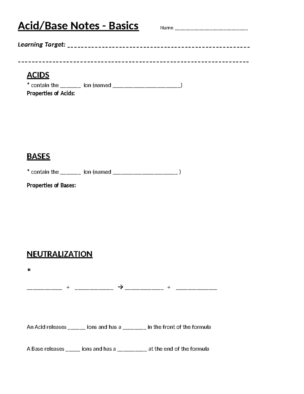 Acid and Base Notes - n/a - Acid/Base Notes - Basics Name ...