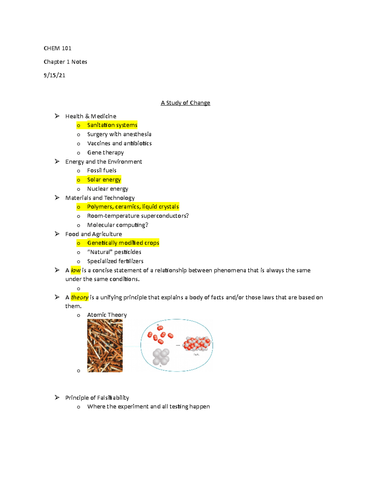 CHEM 100 - Chapter 1 Notes - CHEM 101 Chapter 1 Notes 9/15/ A Study Of ...