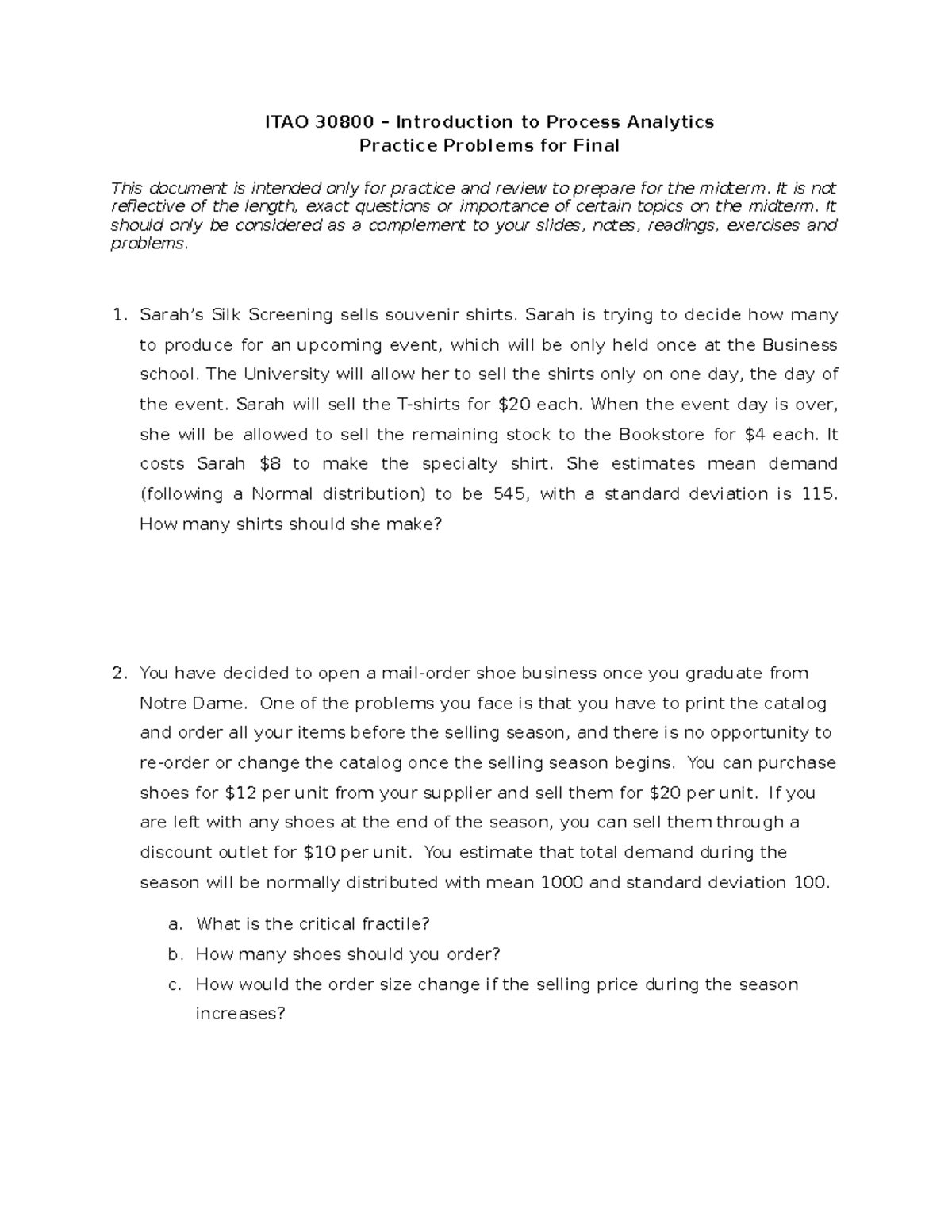 Practice Problems for Final - ITAO 30800 – Introduction to Process ...