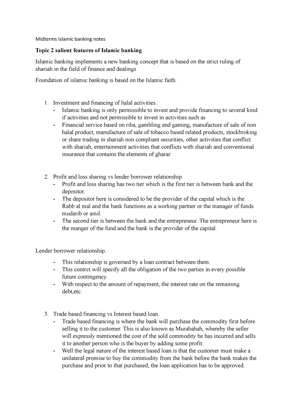 Midterms Islamic banking notes - Investment and financing of halal ...