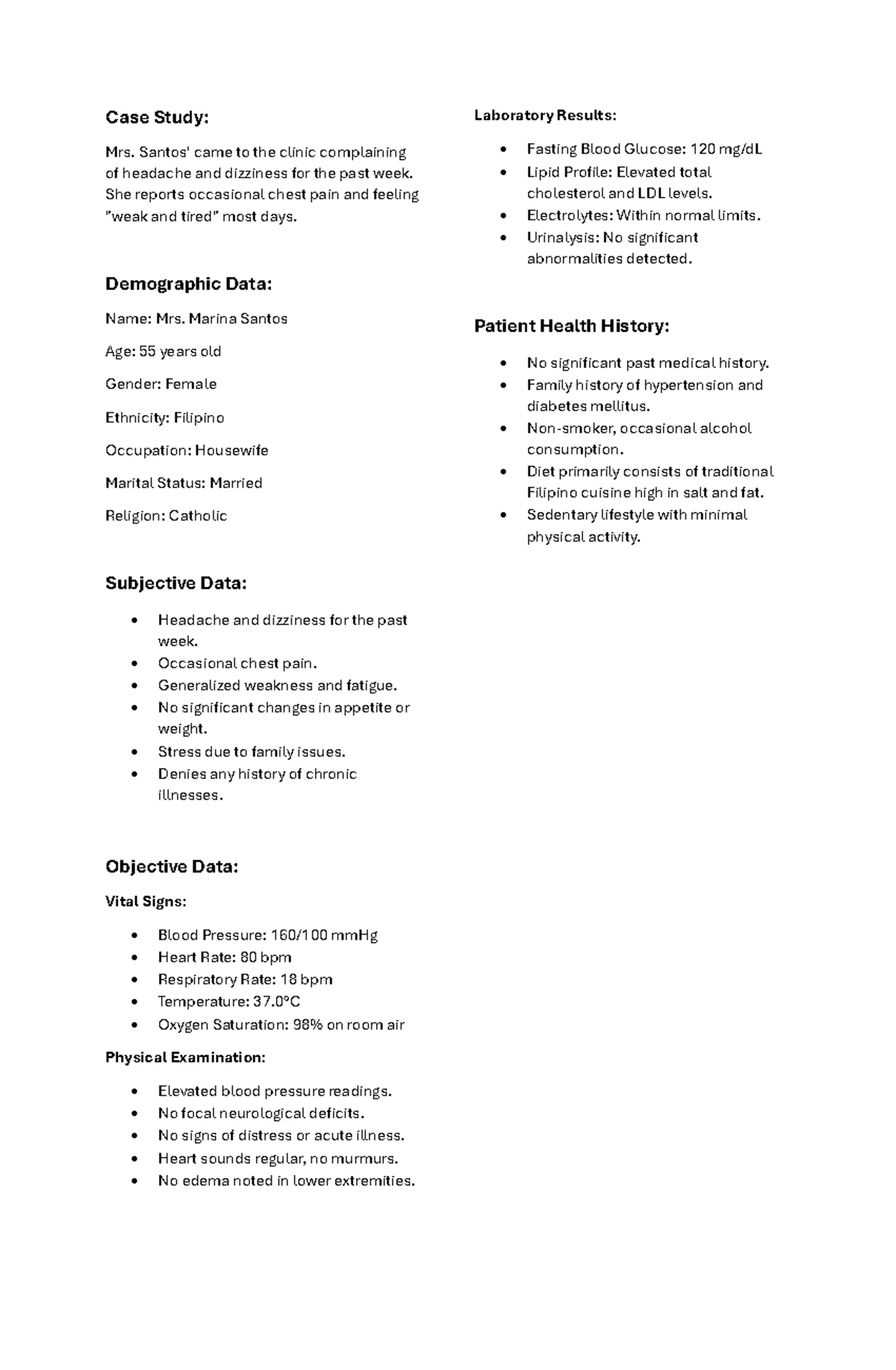 CASE Study Case Study Mrs. Santos' came to the clinic complaining