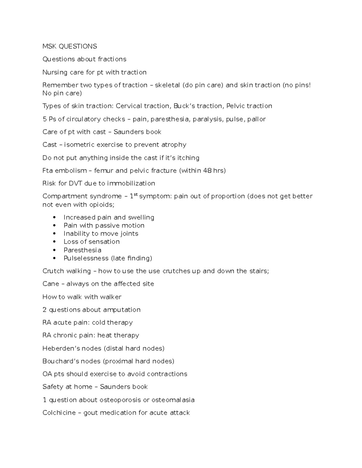 MSK Questions - MSK QUESTIONS Questions about fractions Nursing care ...