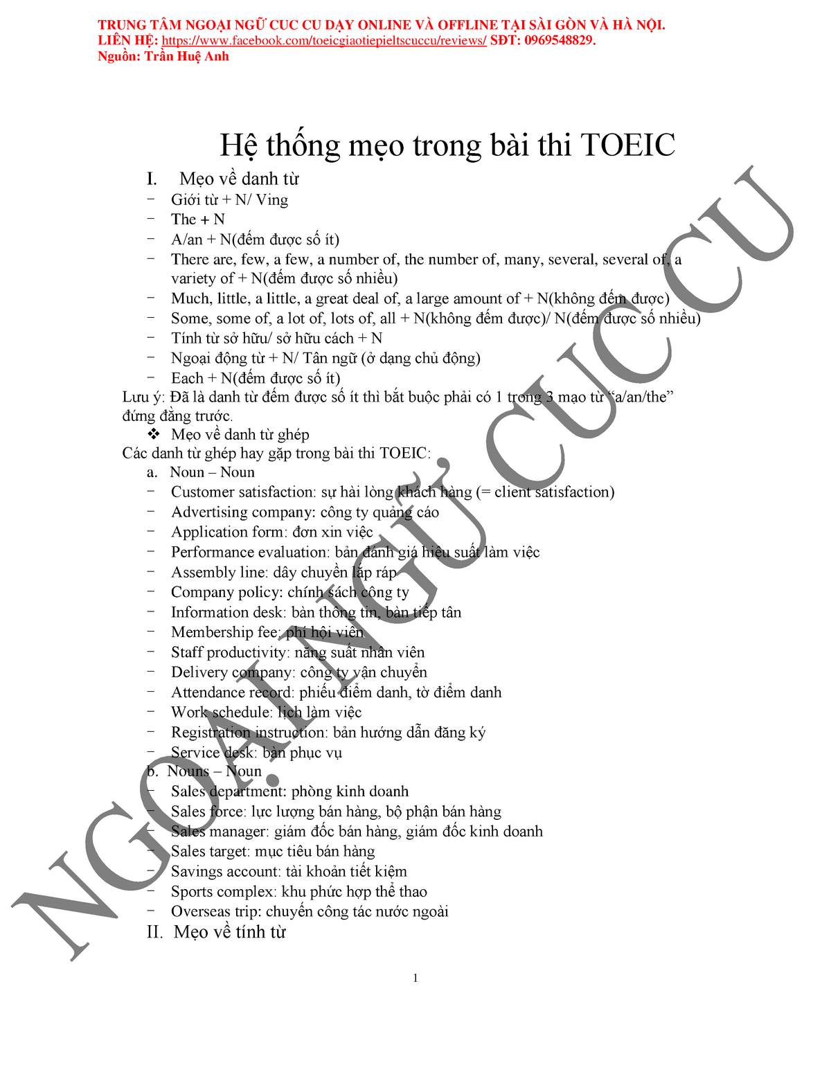 HỆ THỐNG MẸO ÁP DỤNG Trong BÀI THI Toeic ĐẠT 450 - LIÊN HỆ: - Studocu