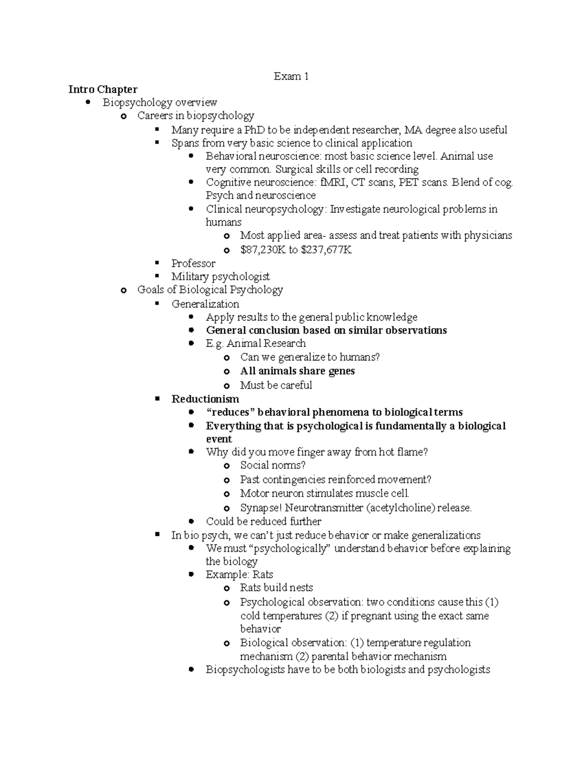 Biopsych Notes - Exam 1 Intro Chapter Biopsychology overview o Careers ...