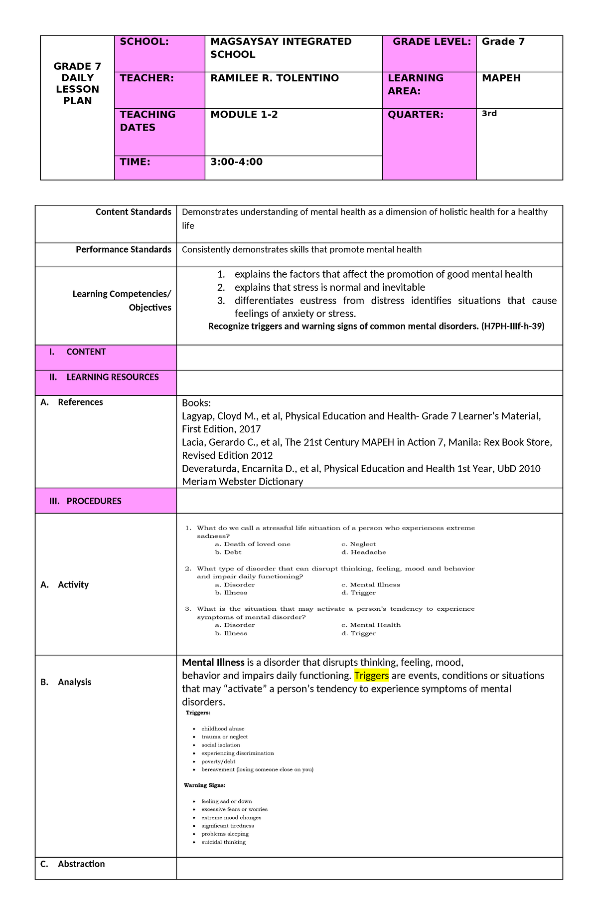 3RD Quarter Mapeh DAY 1 - GRADE 7 DAILY LESSON PLAN SCHOOL: MAGSAYSAY ...