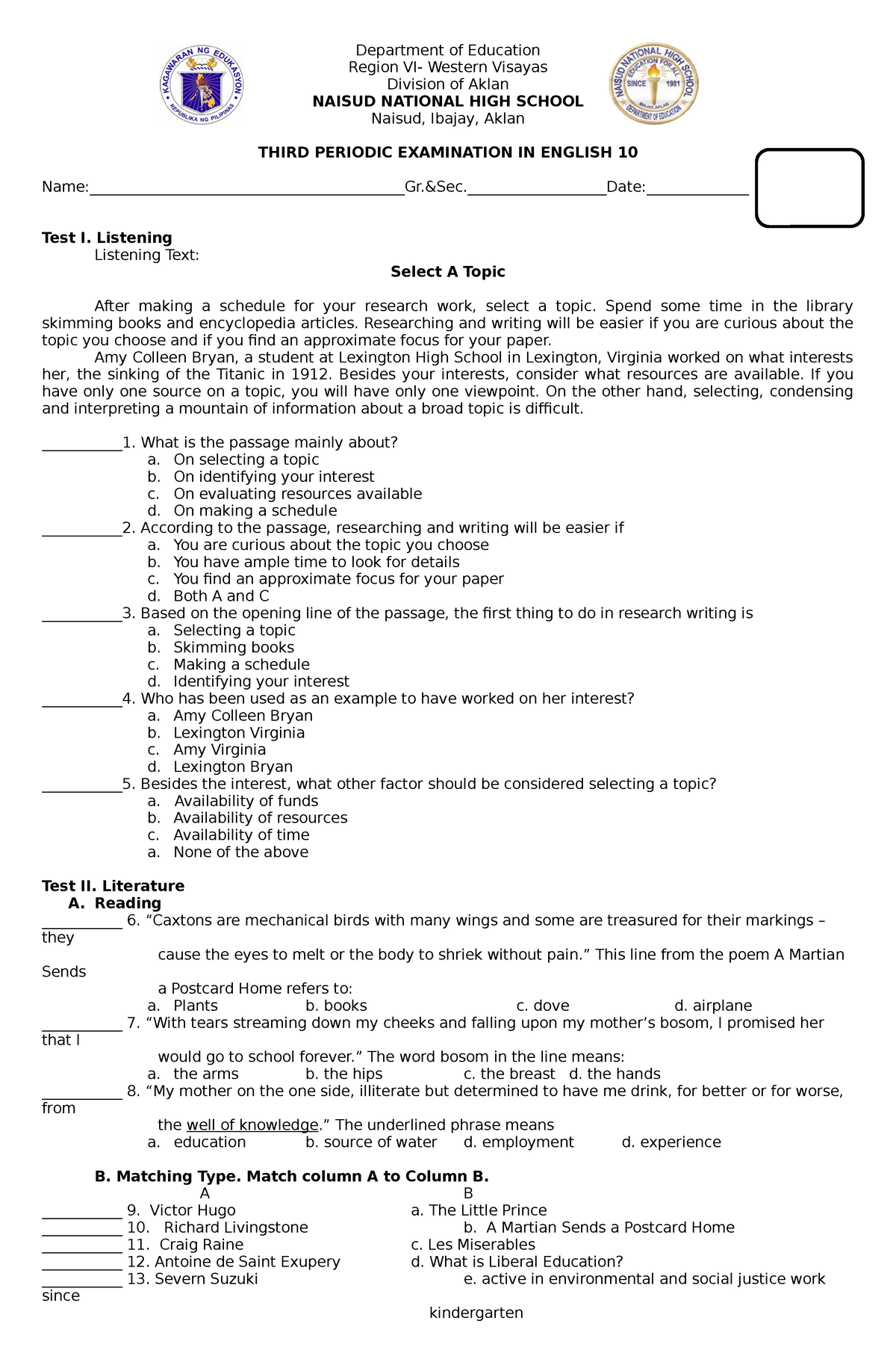 4th Periodic exam in English 10 - Department of Education Region VI ...