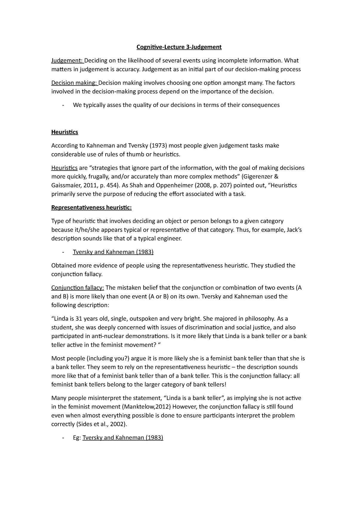 L3- Judgement - Lecture notes 3 - Cognitive-Lecture 3-Judgement ...