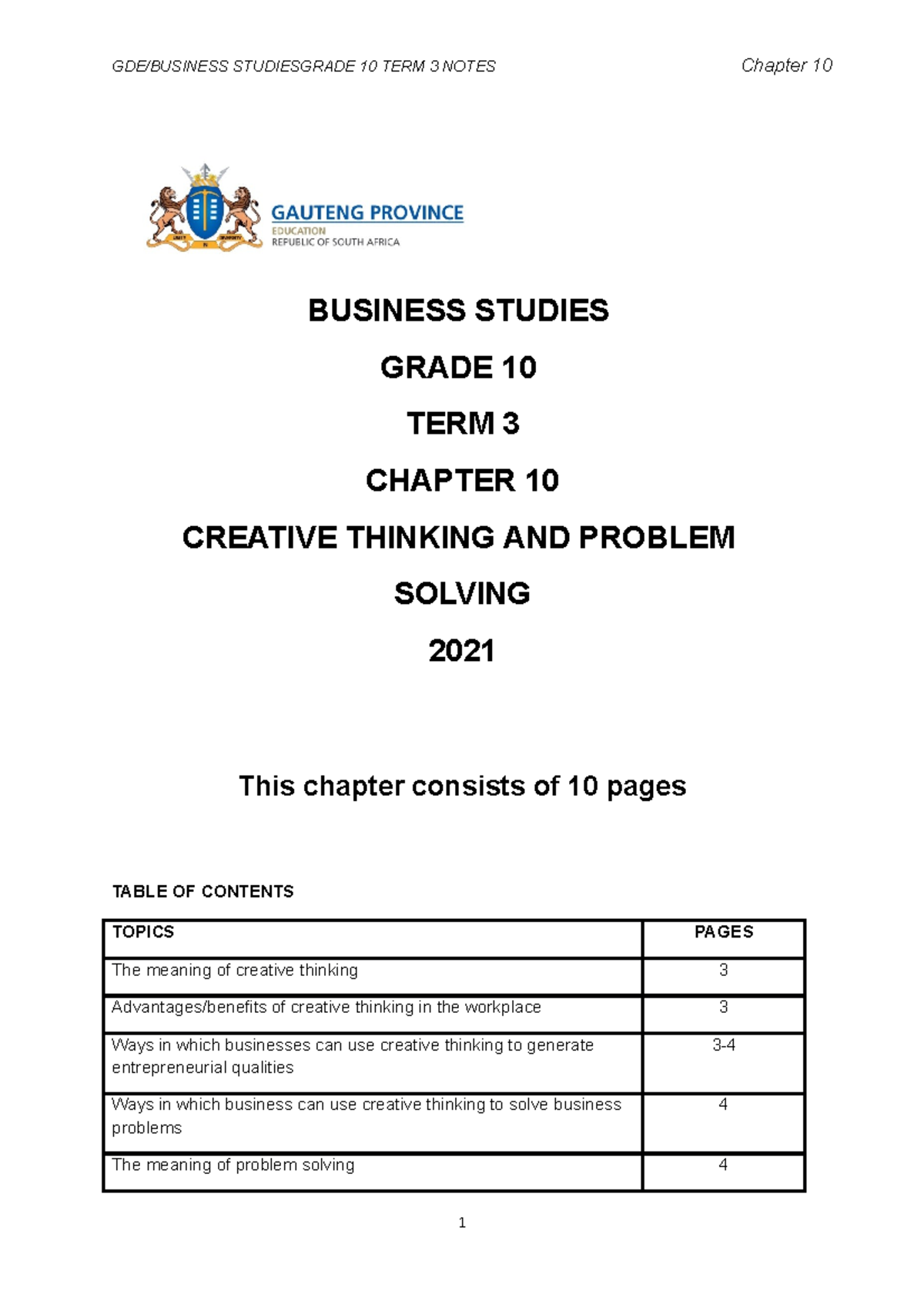 Grade 10 BSTD Notes For Term3 BUSINESS STUDIES GRADE 10 TERM 3 