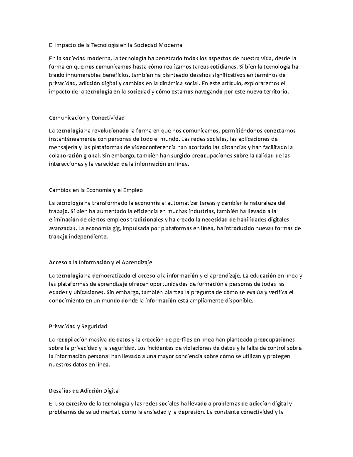 El Impacto de la Tecnología en la Sociedad Moderna - Si bien la ...