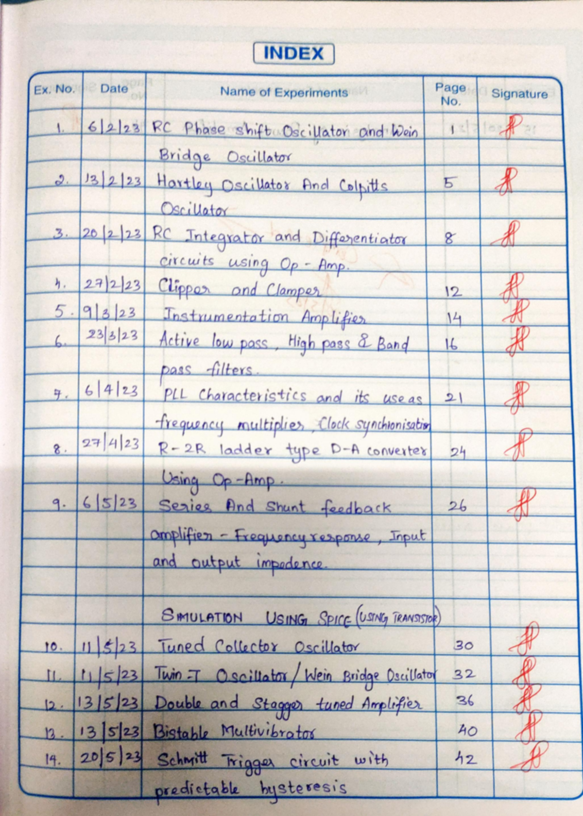 LIC lab record - INDEX Ex. No. Date Name of Experiments Page Signature ...