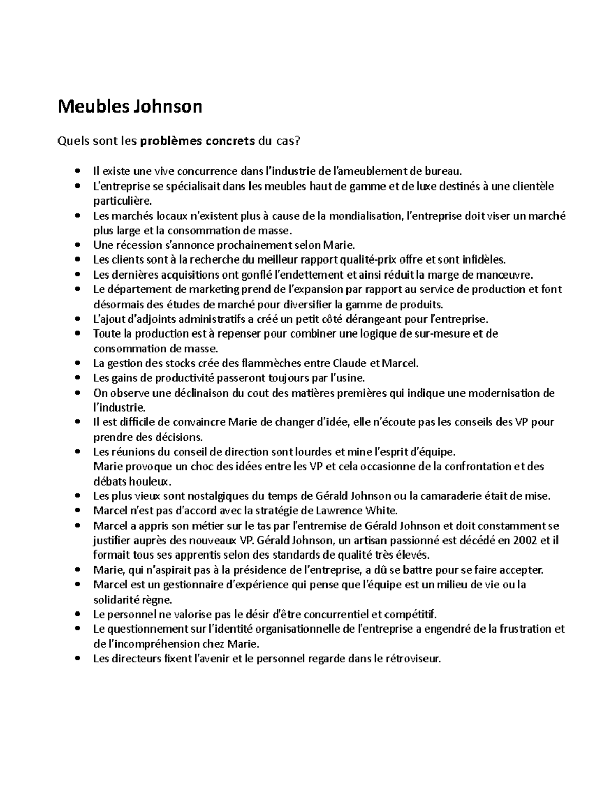 Analyse de cas - Meubles Johnson - Meubles Johnson Quels sont les ...