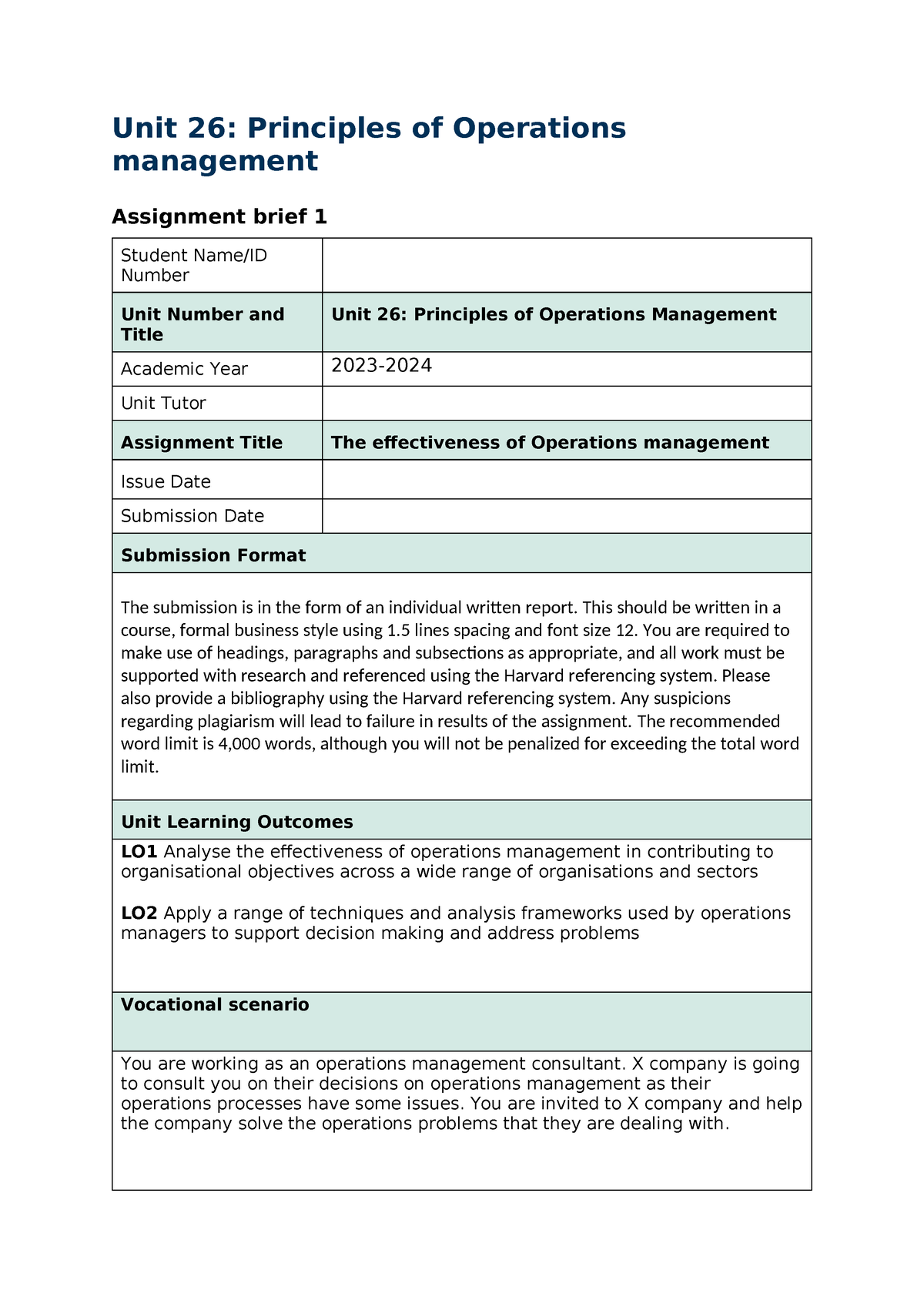 Assigment Brief 1 End Unit 26 Principles Of Operations Management Assignment Brief 1 8677