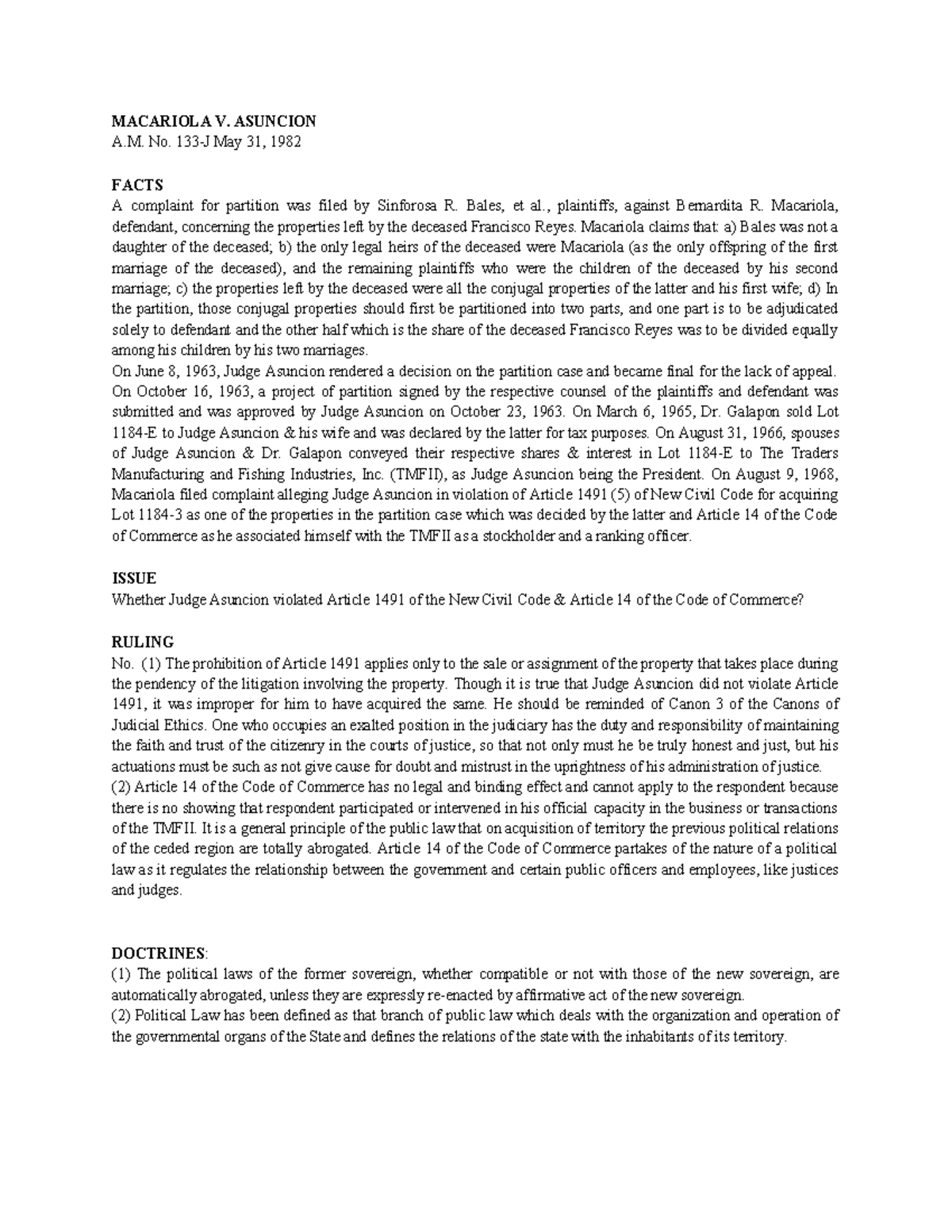 1. Macariola v. Asuncion - MACARIOLA V. ASUNCION A. No. 133-J May 31 ...