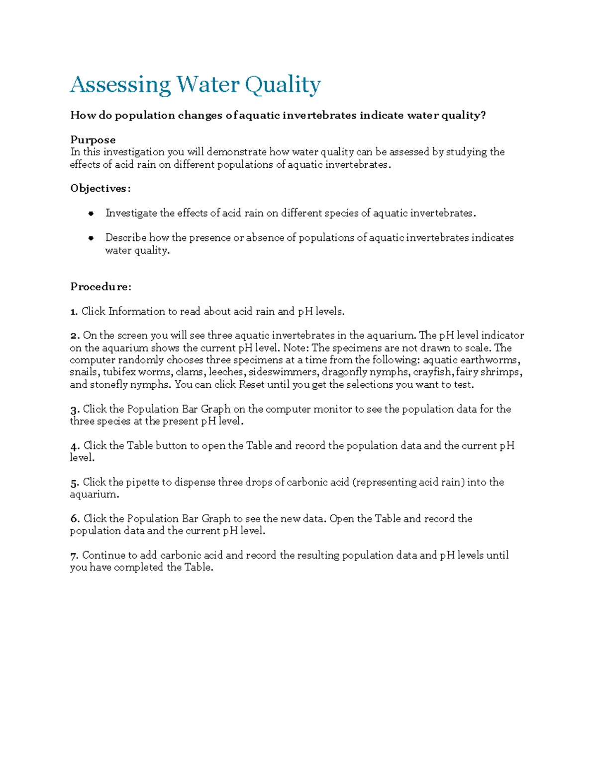 Copy of Assessing Water Quality Virtual Lab - Assessing Water Quality ...