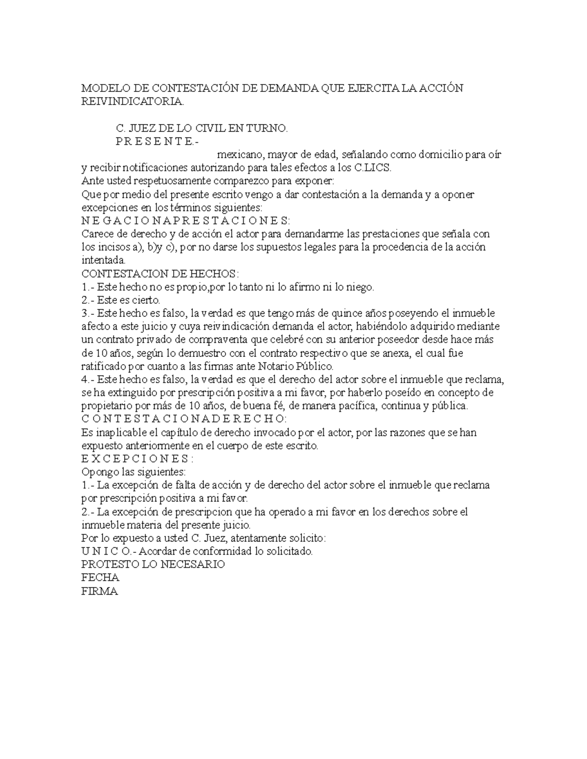 Modelo DE Contestación DE Demanda QUE Ejercita LA Acción REIV - MODELO ...