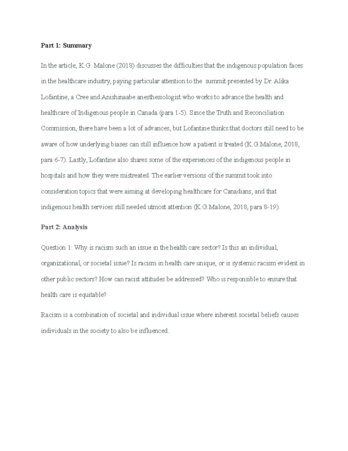 Part 1-Sonu - kjjshdbefv - Part 1: Summary In the article, K. Malone