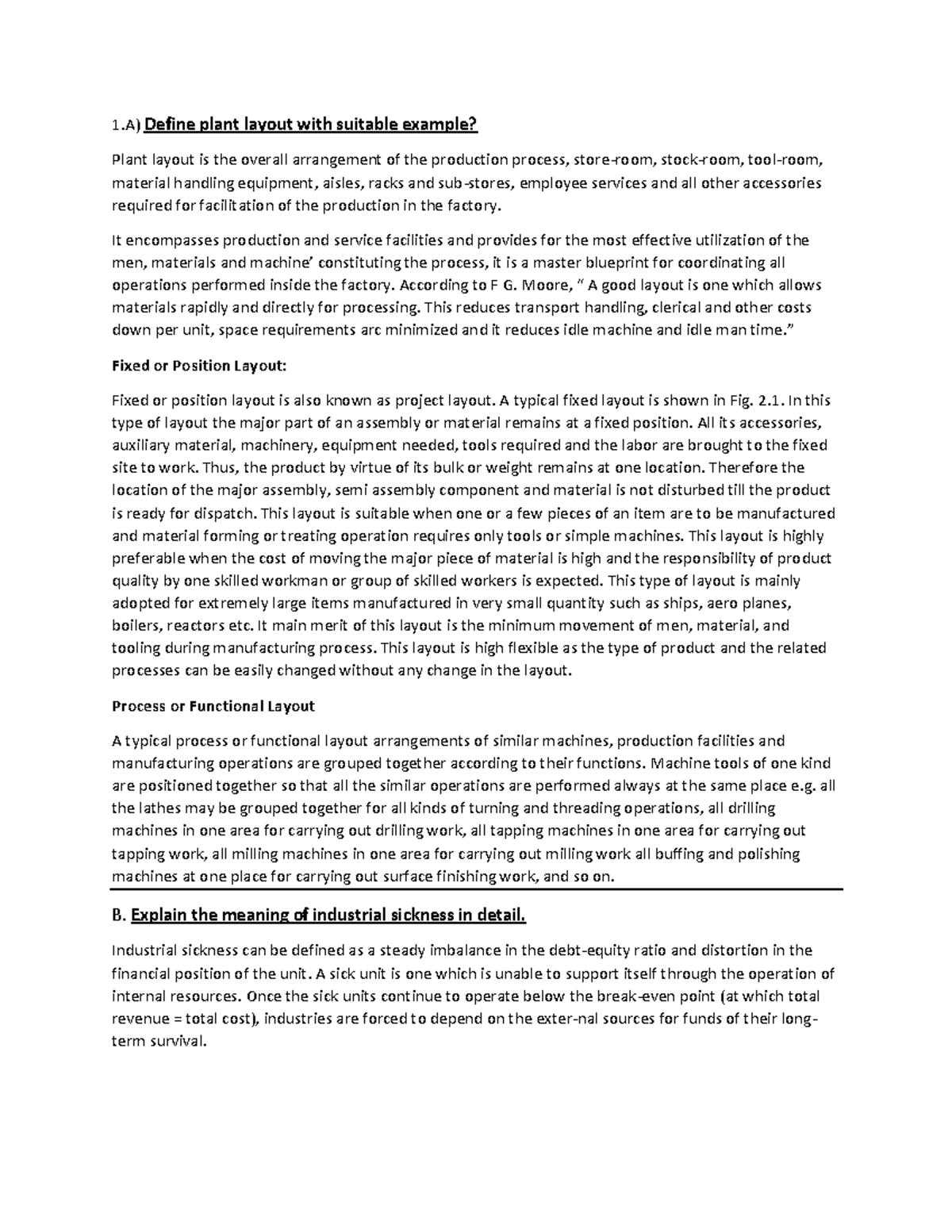 Business Administration 2 - 1) Define plant layout with suitable ...