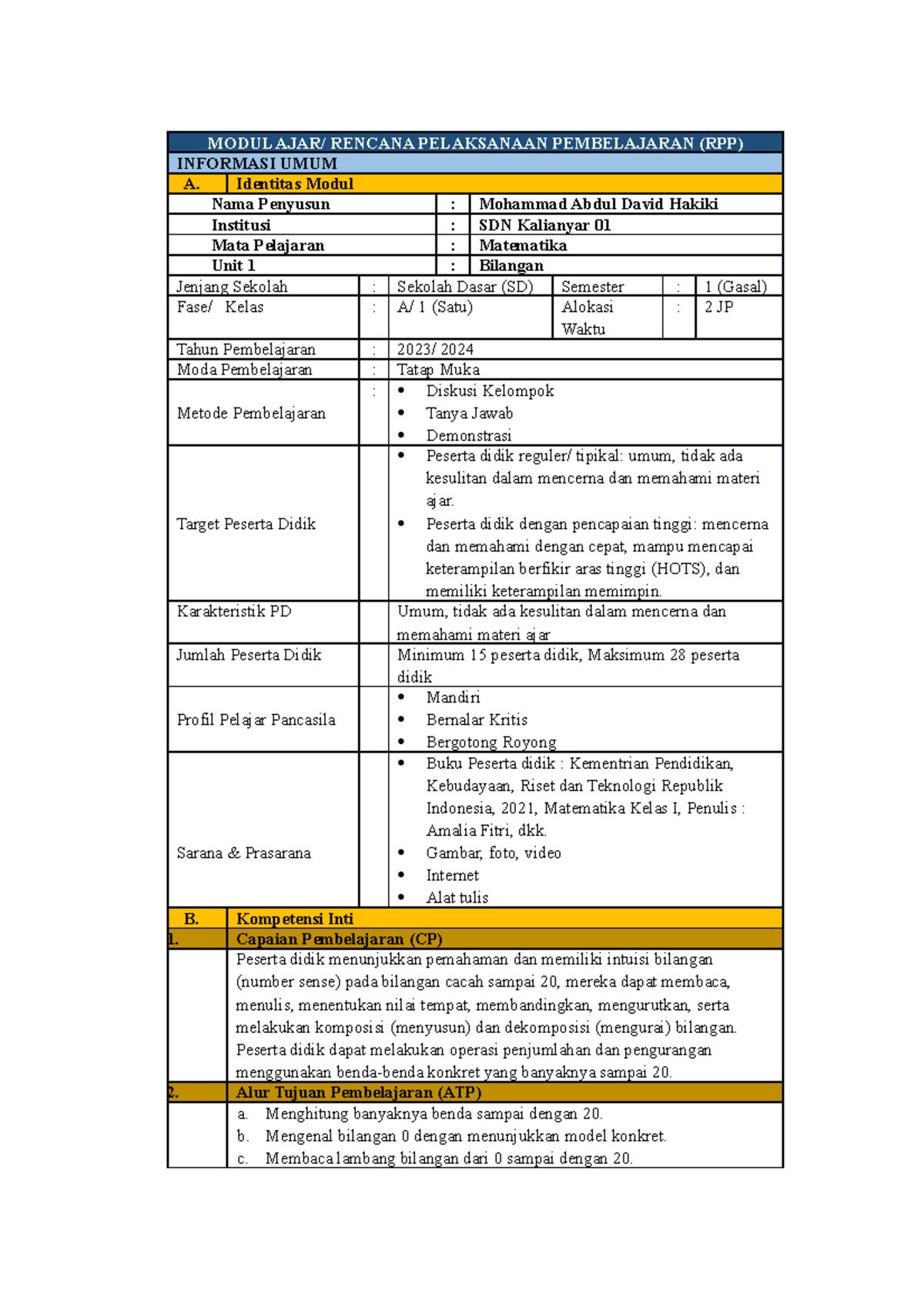 3 David 011 Matematika Kelas 1 - MODUL AJAR/ RENCANA PELAKSANAAN ...