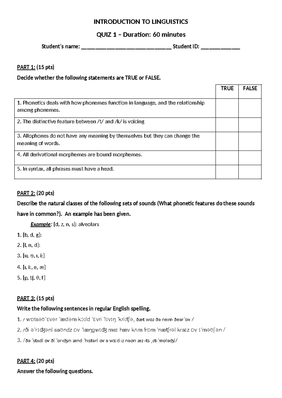 QUIZ 1 Version 3 - INTRODUCTION TO LINGUISTICS QUIZ 1 – Duration: 60 ...