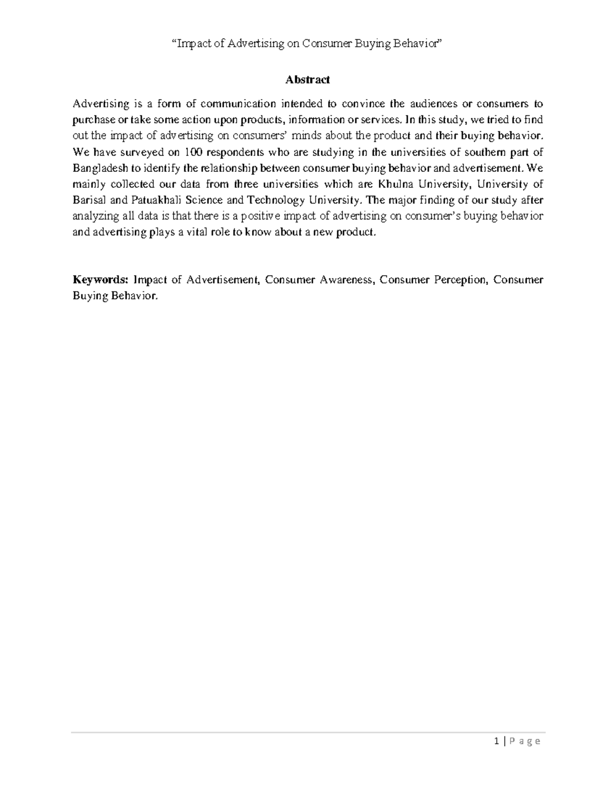 Impact of Advertising on Consumer Buyin - Abstract Advertising is a ...