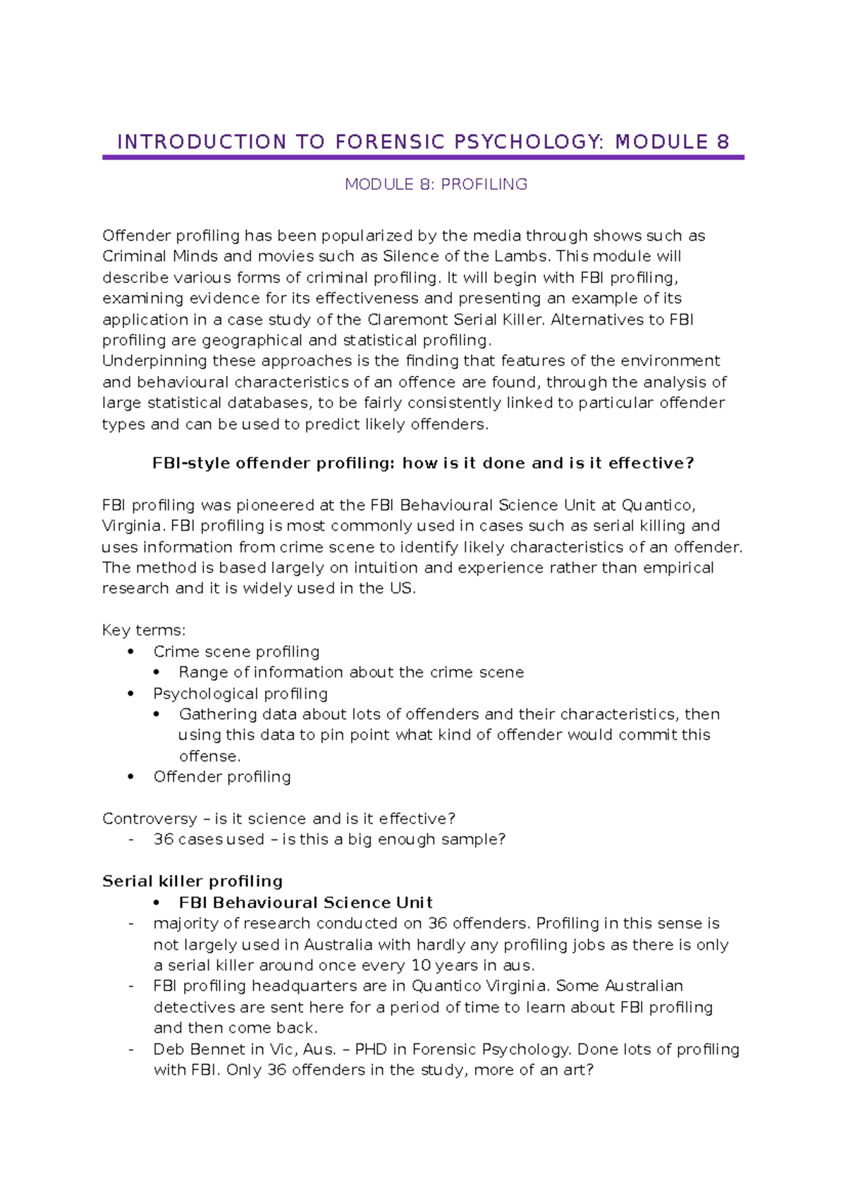 Module 8- profiling - INTRODUCTION TO FORENSIC PSYCHOLOGY: MODULE 8 ...
