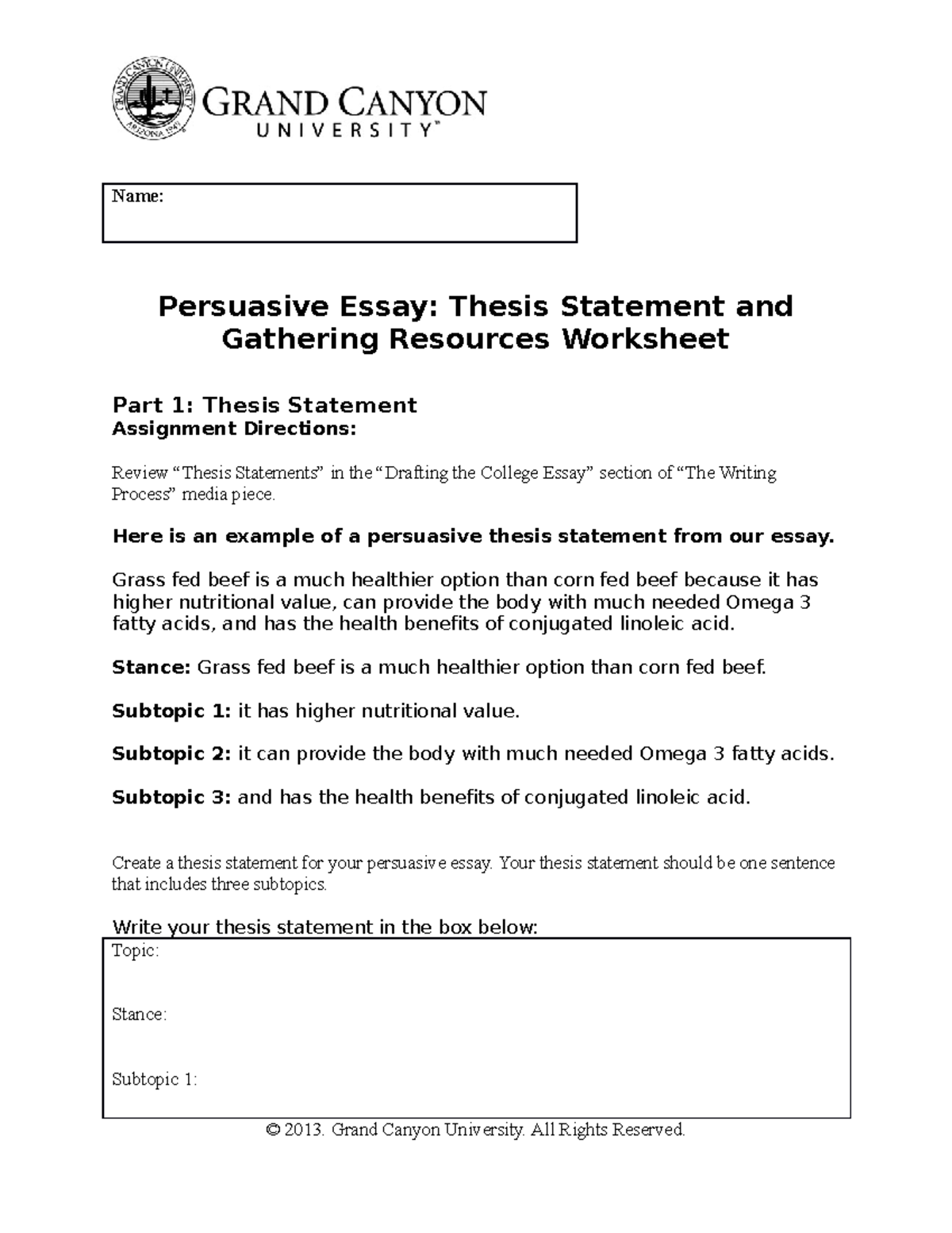 persuasive essay thesis statement and gathering resources worksheet