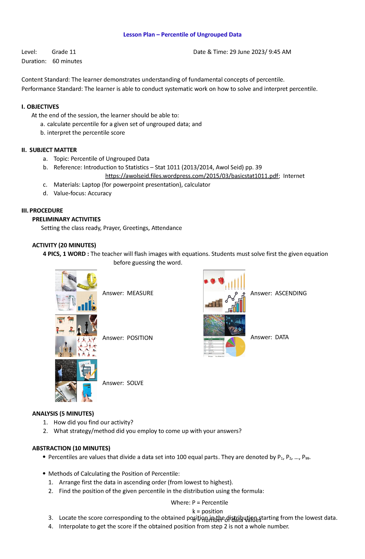 Lesson Plan - Percentile (Demo) - Lesson Plan – Percentile of Ungrouped ...