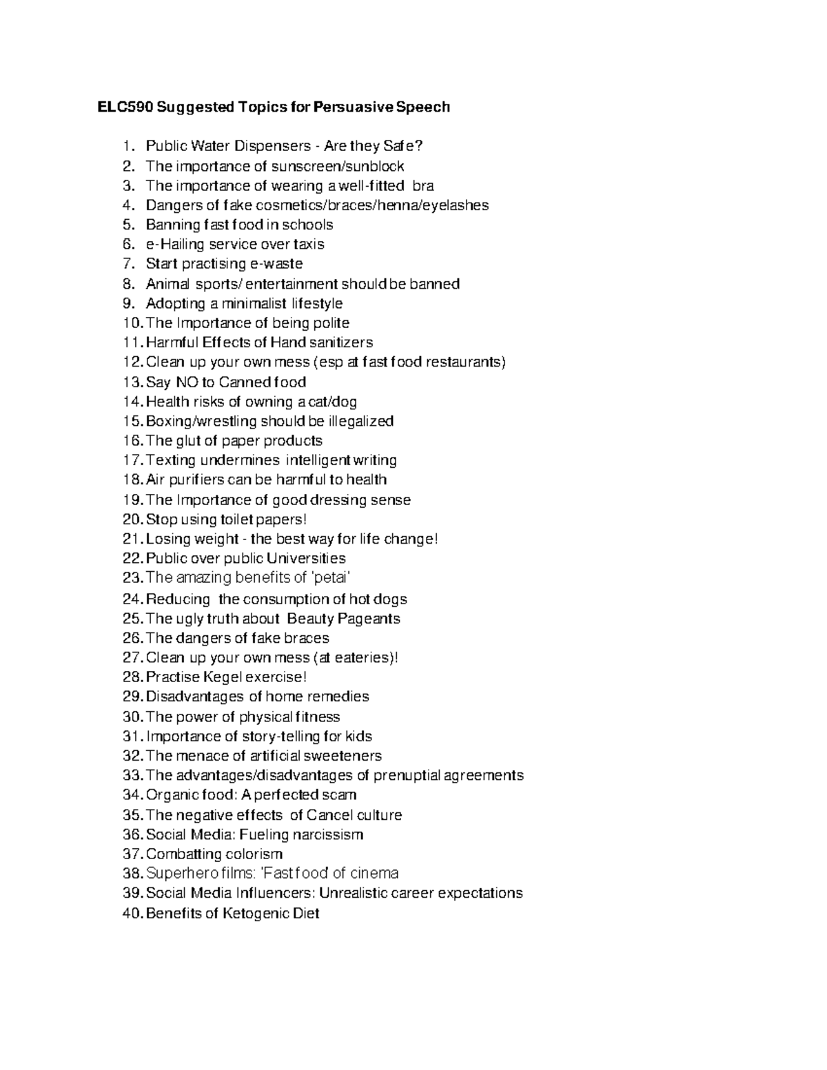 Suggested Topics FOR Persuasive Speech - ELC590 Suggested Topics for ...