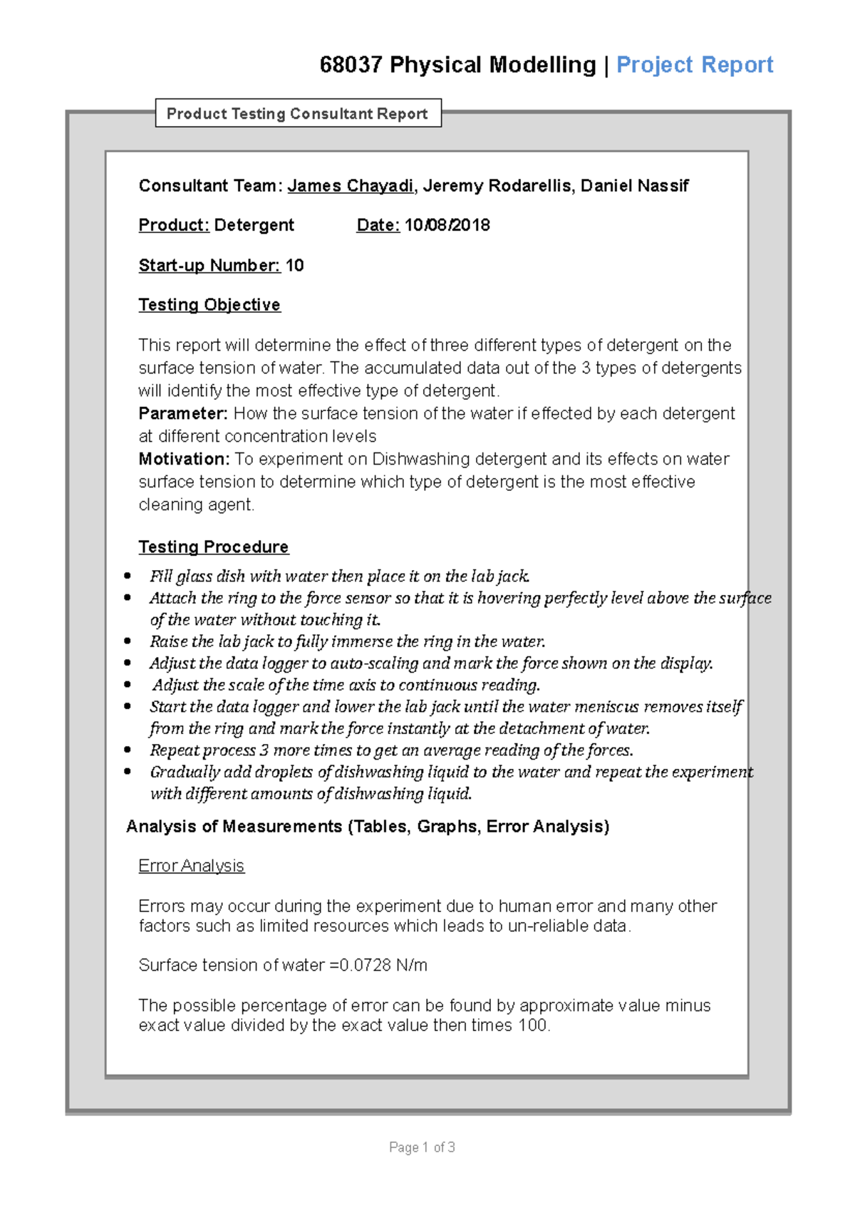 Detergent report 68037 Physical Modelling Project Report Product