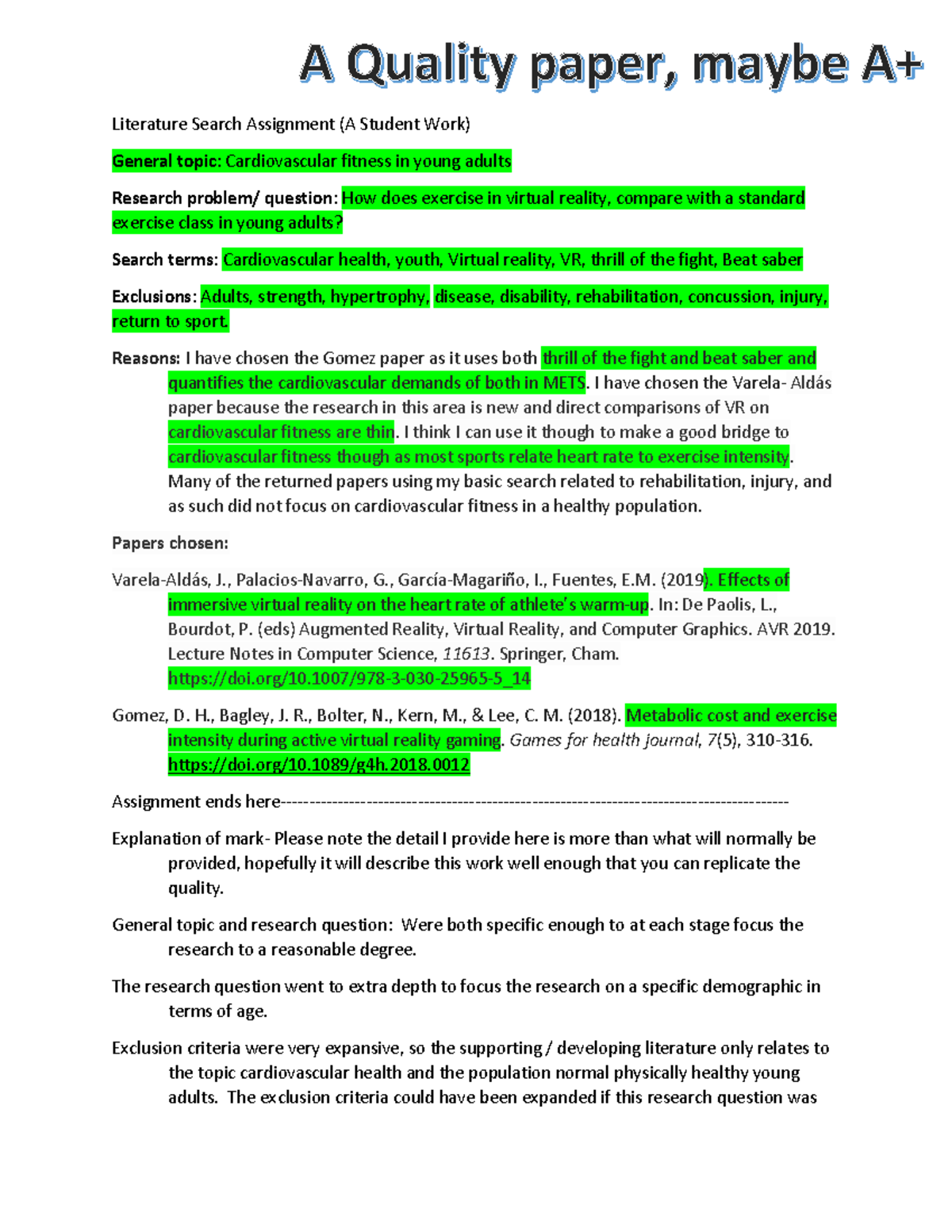 Literature search A work example - Literature Search Assignment (A ...