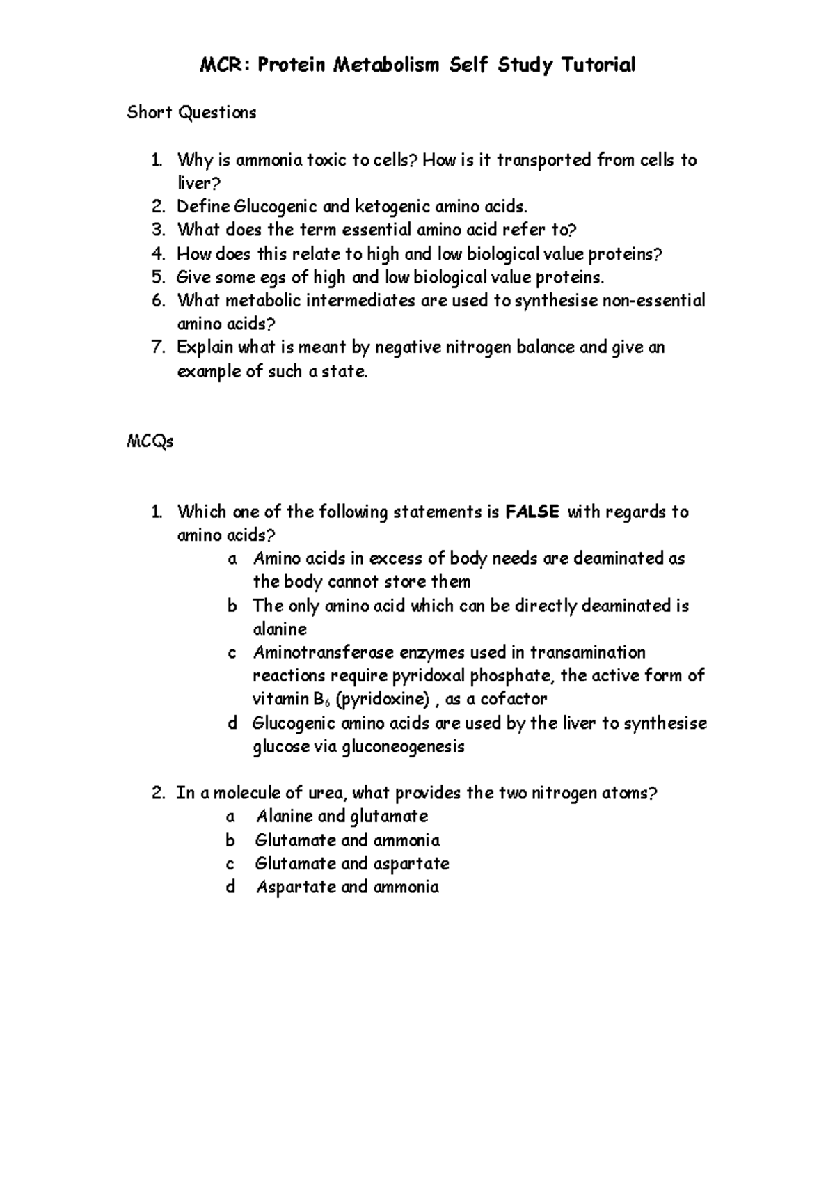 MCR protein metabolism tut 16 - MCR: Protein Metabolism Self Study ...