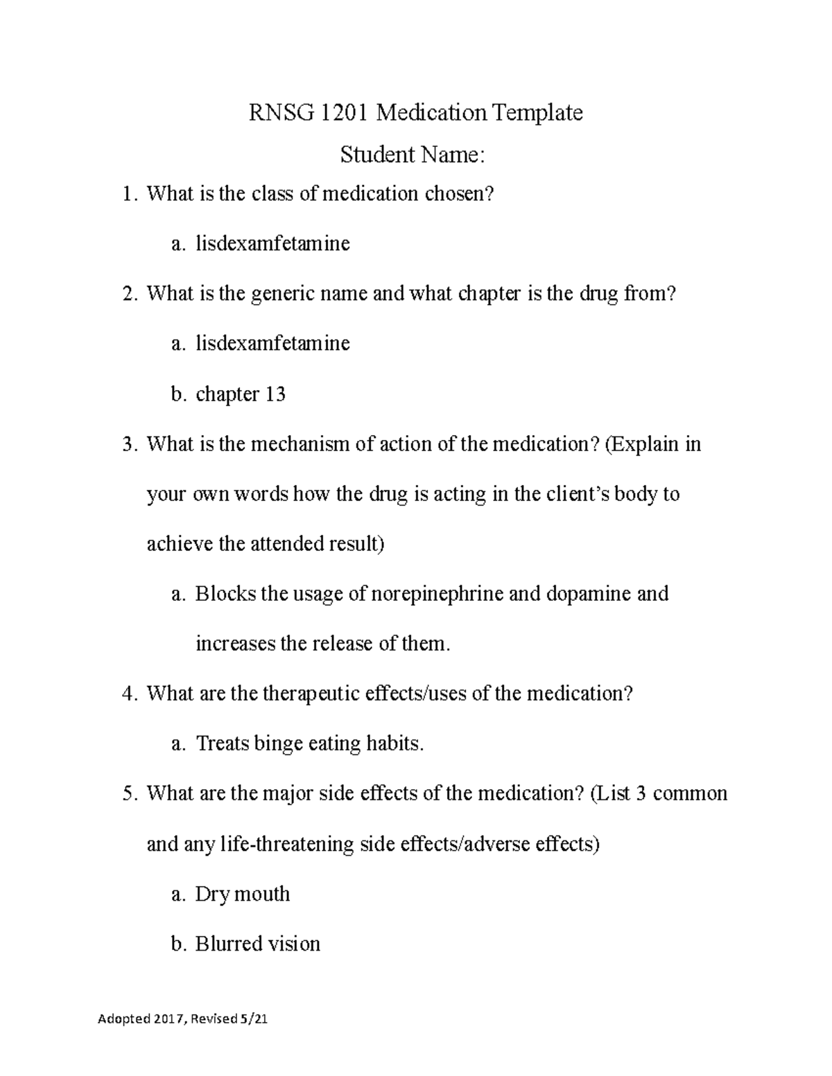 Vvyvanse Medication Template RNSG 1201 Medication Template Student vvyvanse-medication-template-rnsg-1201-medication-template-student