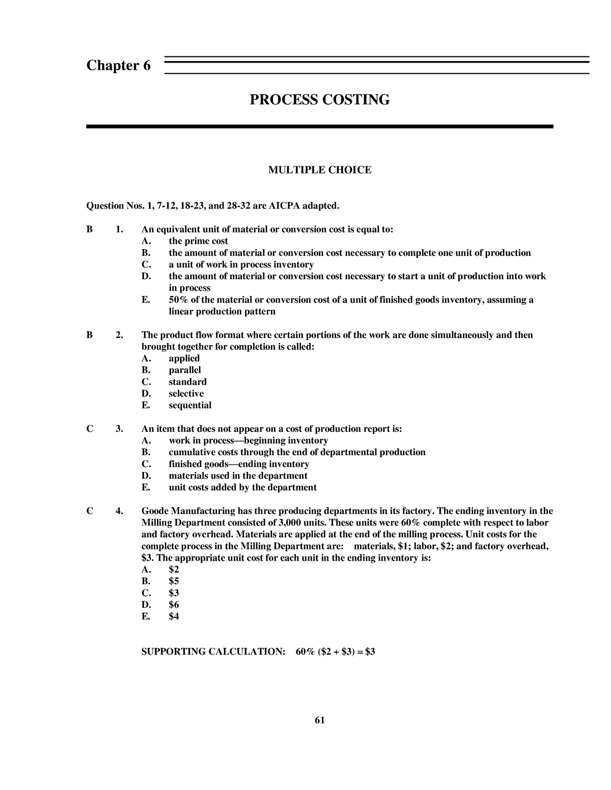 06 - COST ACCOUNTING - 61 Chapter 6 PROCESS COSTING MULTIPLE CHOICE ...